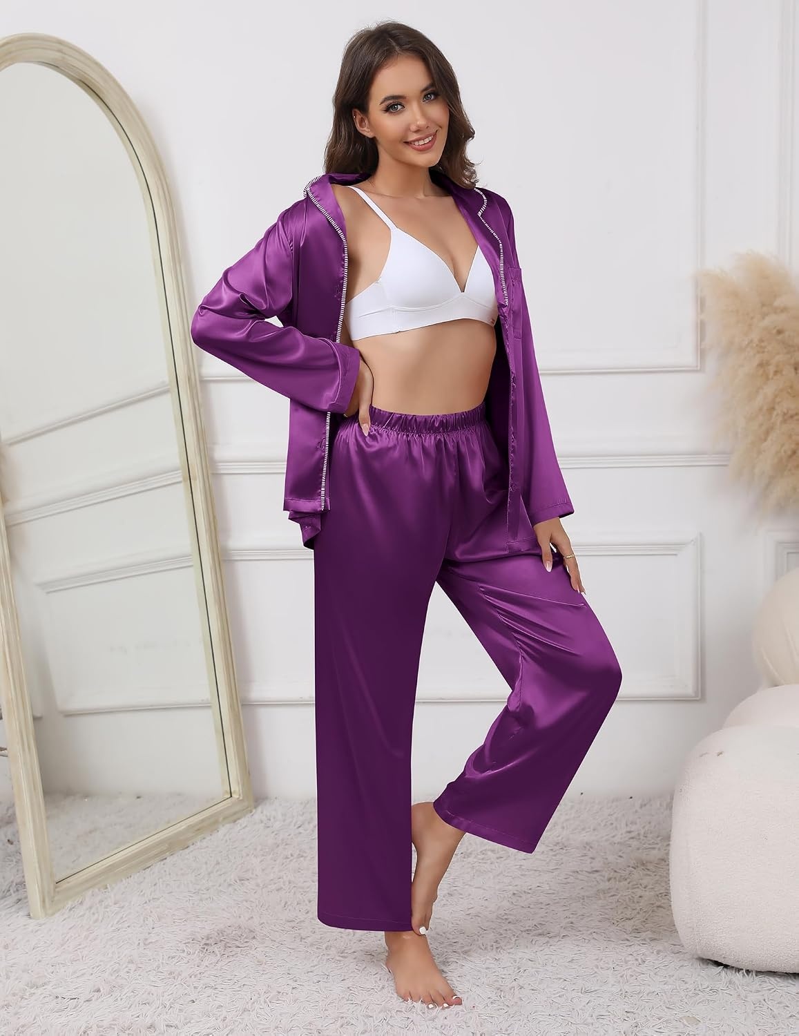 image:imageEkouaer Pajamas For Women Silk Pjs Long Sleeve Button Down Lounge SetsPurple