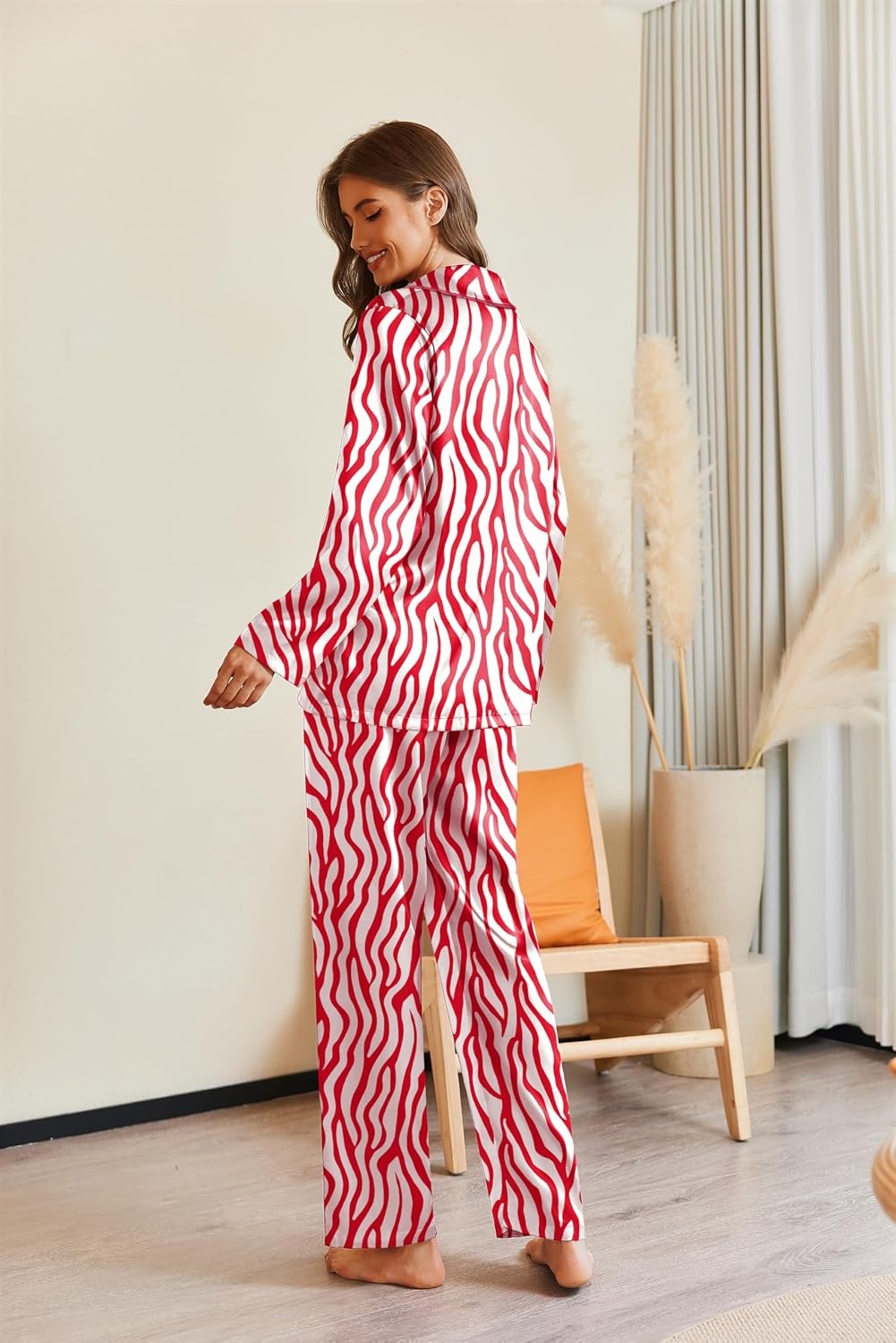image:imageEkouaer Pajamas For Women Silk Pjs Long Sleeve Button Down Lounge SetsRed Zebra Print