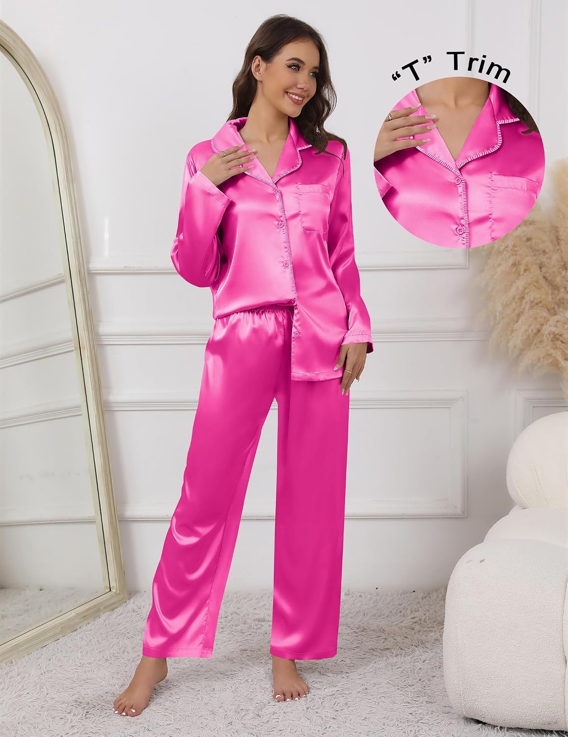 image:imageEkouaer Pajamas For Women Silk Pjs Long Sleeve Button Down Lounge SetsRose Red