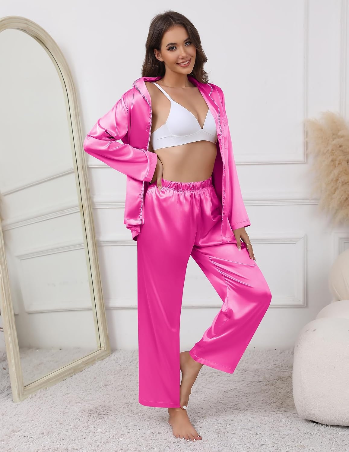 image:imageEkouaer Pajamas For Women Silk Pjs Long Sleeve Button Down Lounge SetsRose Red
