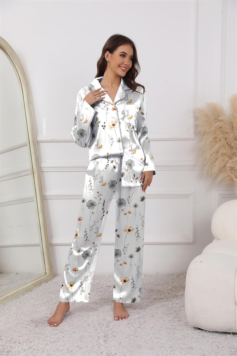 image:imageEkouaer Pajamas For Women Silk Pjs Long Sleeve Button Down Lounge SetsWhite Flower