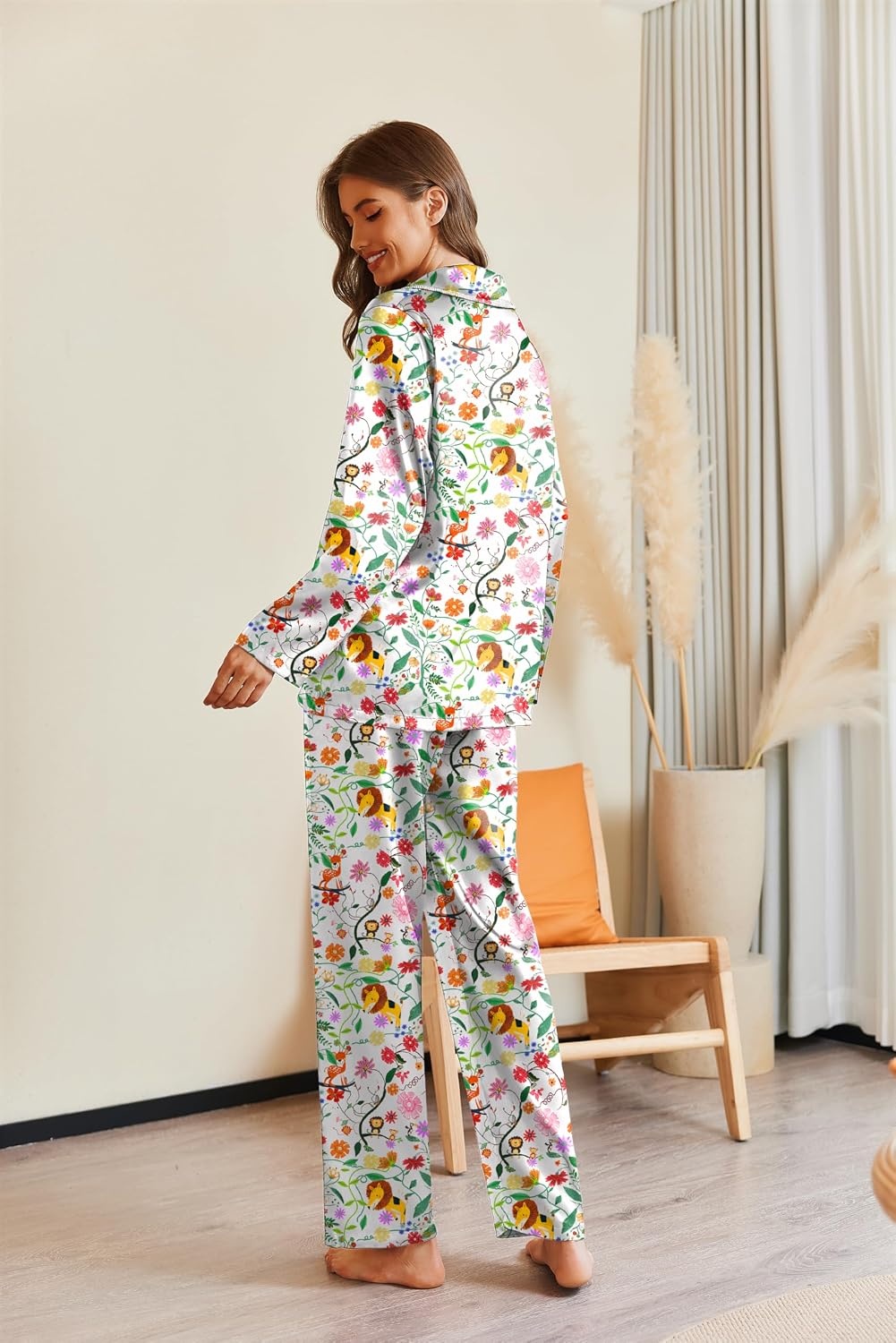 image:imageEkouaer Pajamas For Women Silk Pjs Long Sleeve Button Down Lounge SetsWhite With Animals