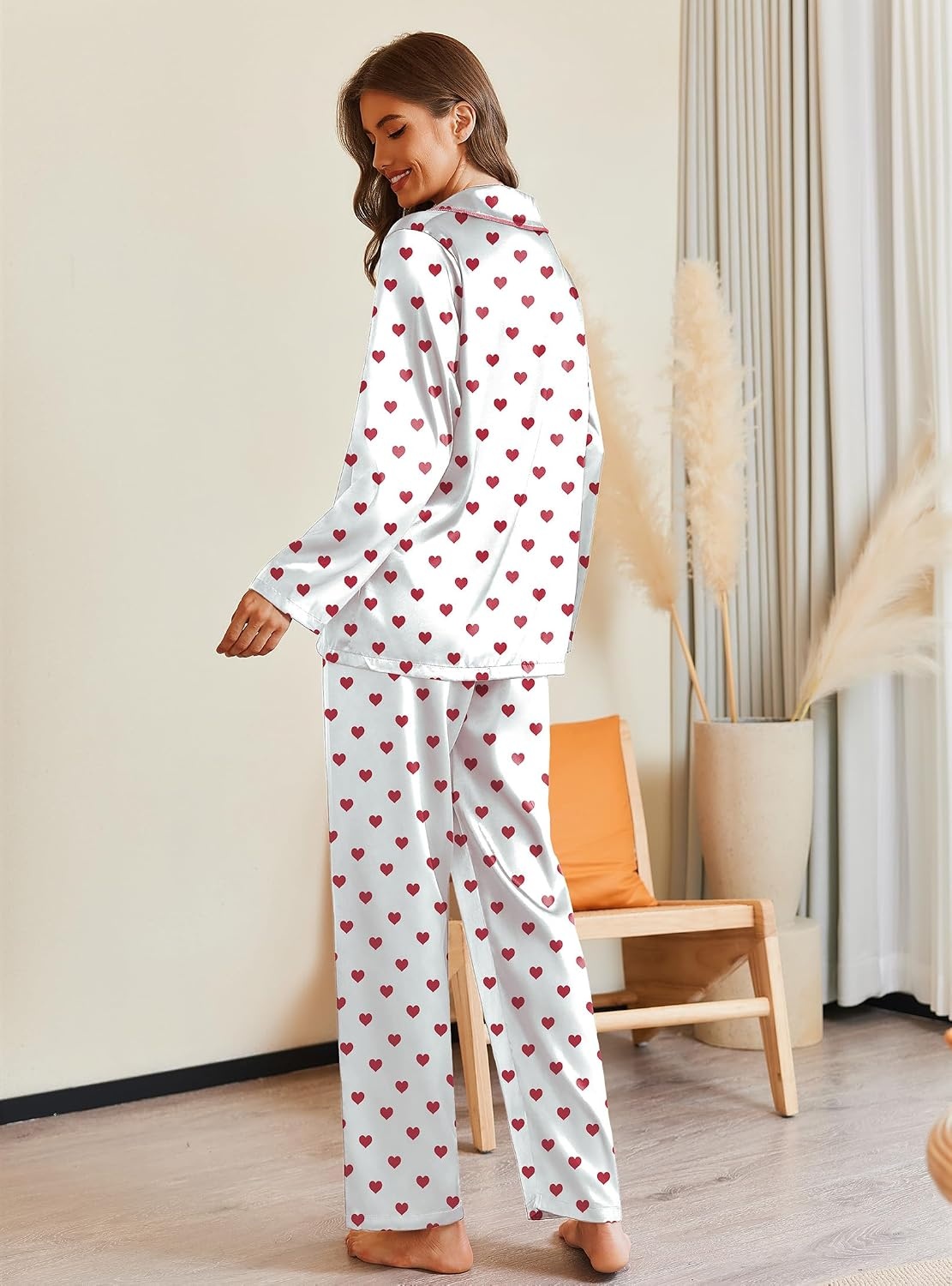 image:imageEkouaer Pajamas For Women Silk Pjs Long Sleeve Button Down Lounge SetsWhite With Red Heart