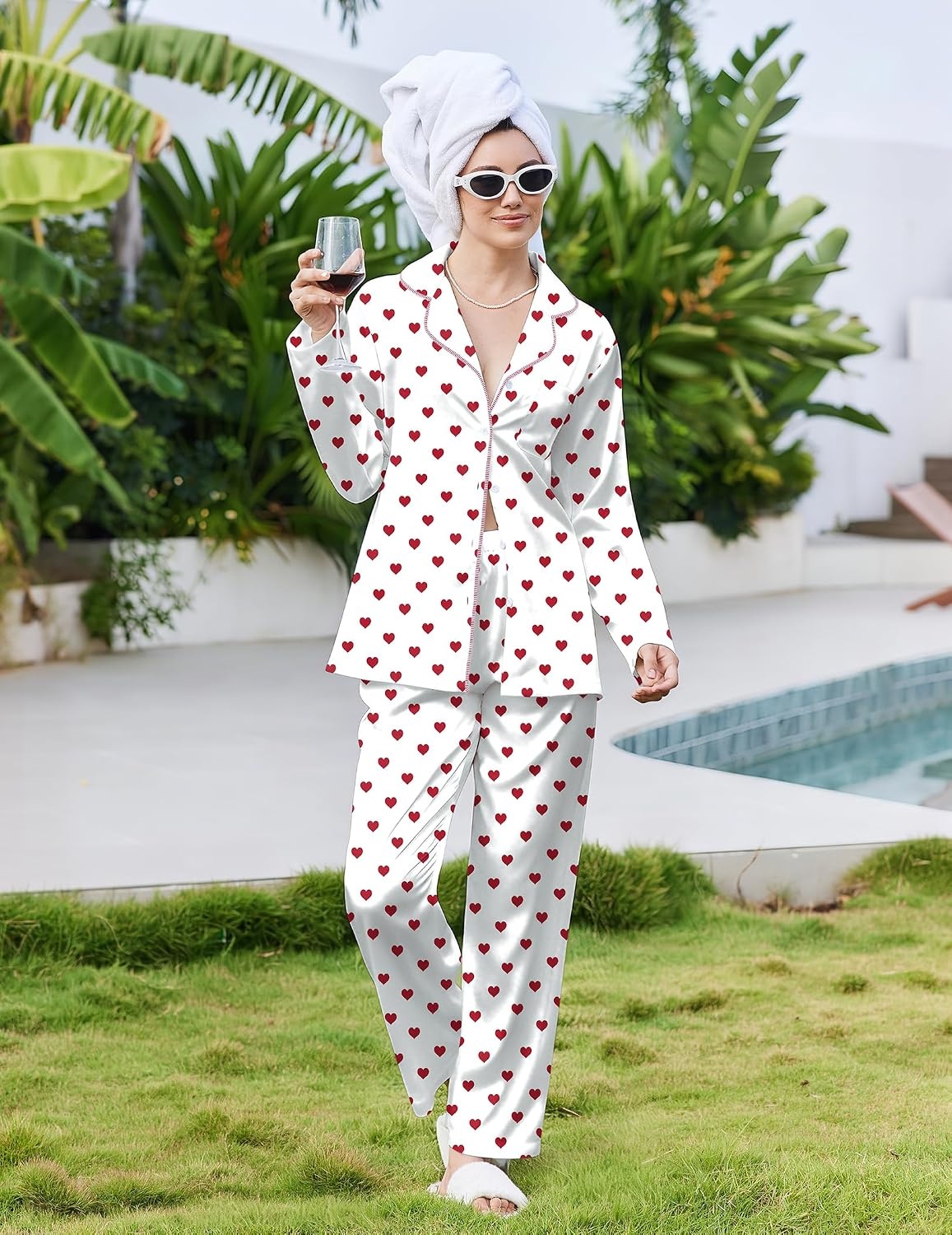 image:imageEkouaer Pajamas For Women Silk Pjs Long Sleeve Button Down Lounge SetsWhite With Red Heart