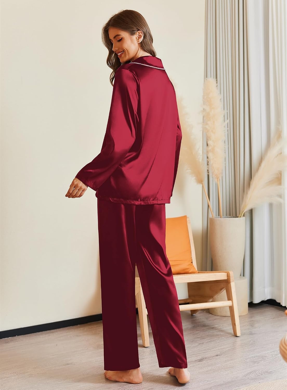 image:imageEkouaer Pajamas For Women Silk Pjs Long Sleeve Button Down Lounge SetsWine Red