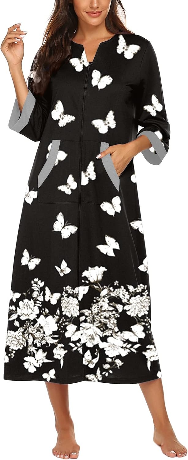 image:imageEkouaer Robes for Women Zipper Robe 34 Sleeves Housecoat with PocketsStyle 1pat10