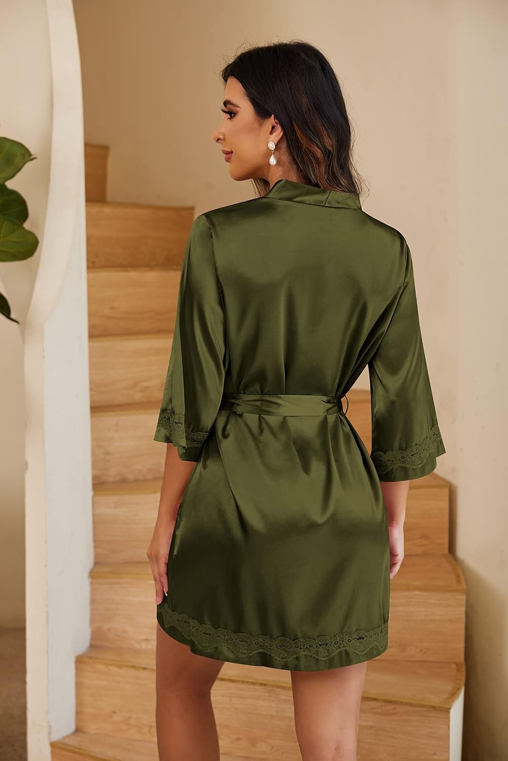 image:imageEkouaer Women Silky Satin Robe Lace Bridesmaid Bathrobes Kimono LoungewearArmy Green