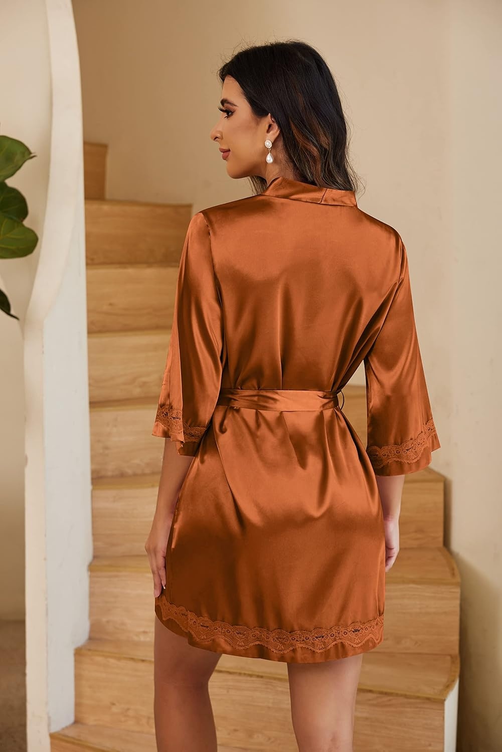 image:imageEkouaer Women Silky Satin Robe Lace Bridesmaid Bathrobes Kimono LoungewearCaramel Colour