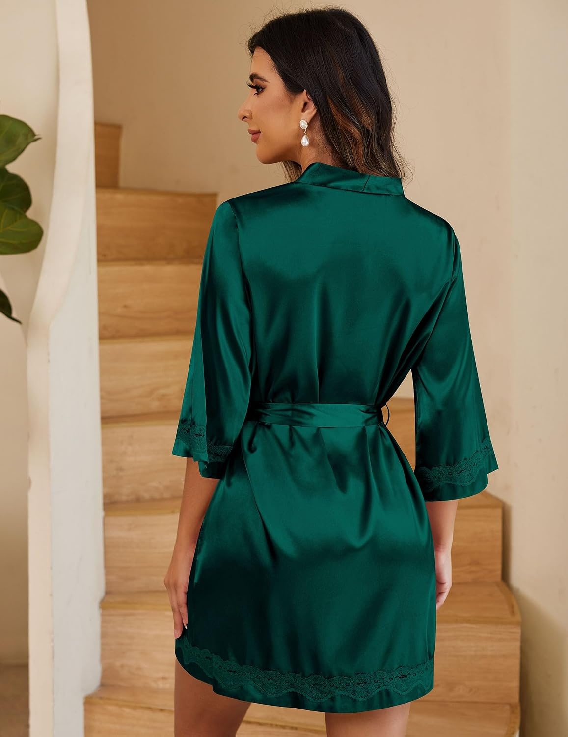 image:imageEkouaer Women Silky Satin Robe Lace Bridesmaid Bathrobes Kimono LoungewearDark Green