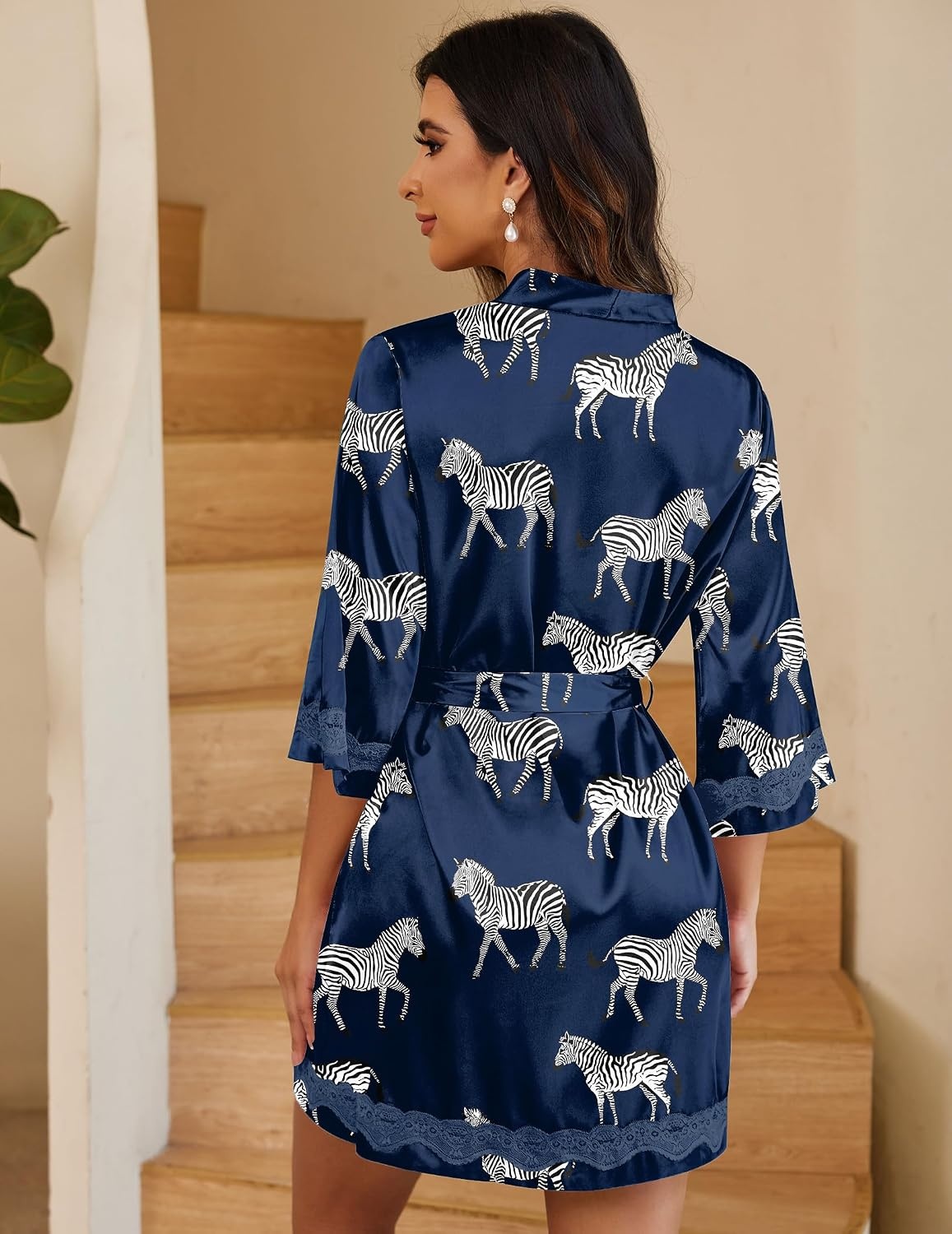image:imageEkouaer Women Silky Satin Robe Lace Bridesmaid Bathrobes Kimono LoungewearNavy Blue Zebra