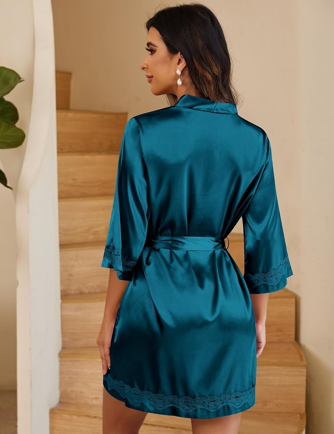 image:imageEkouaer Women Silky Satin Robe Lace Bridesmaid Bathrobes Kimono LoungewearPeacock Blue
