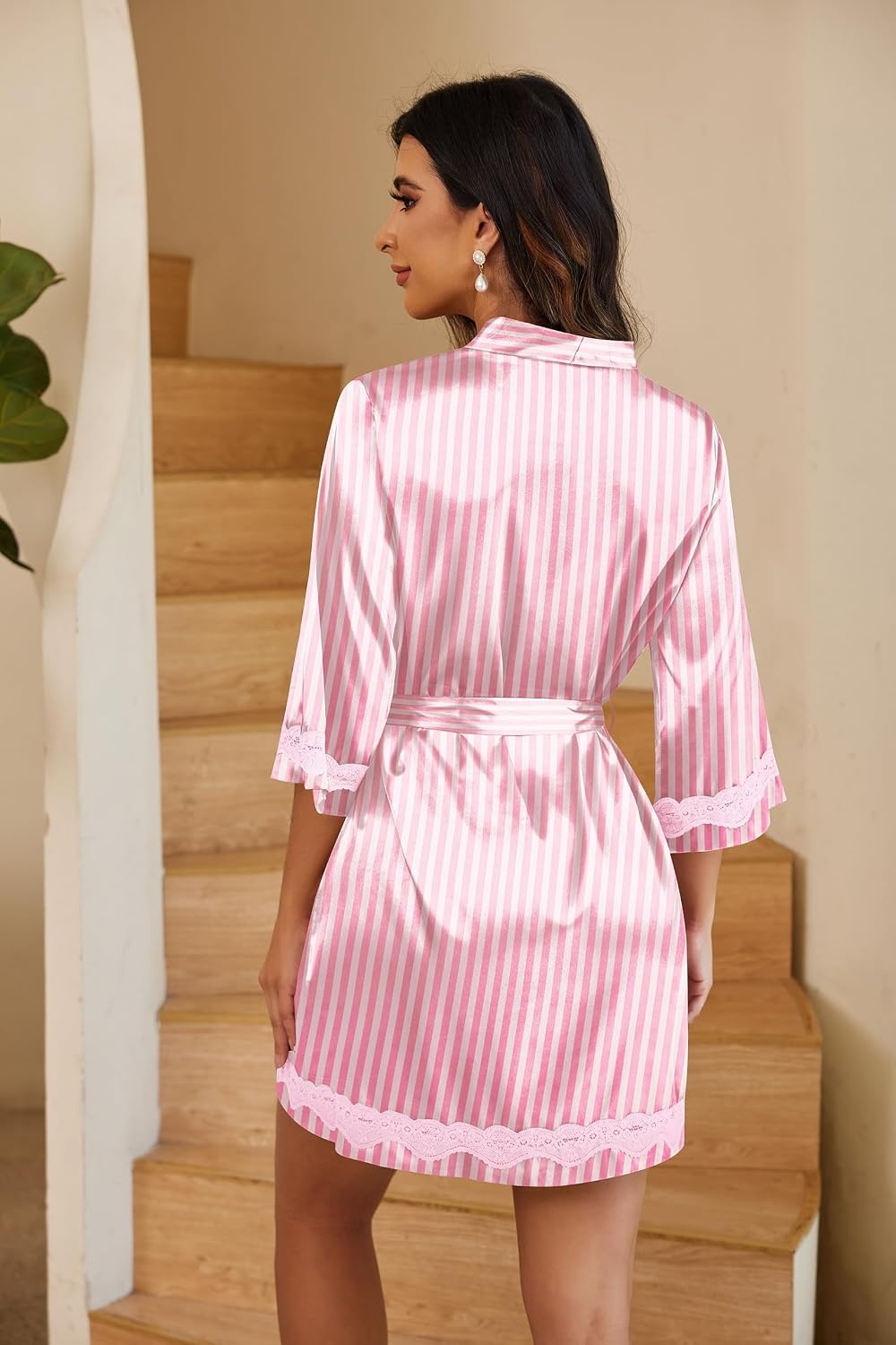 image:imageEkouaer Women Silky Satin Robe Lace Bridesmaid Bathrobes Kimono LoungewearPink White Stripes