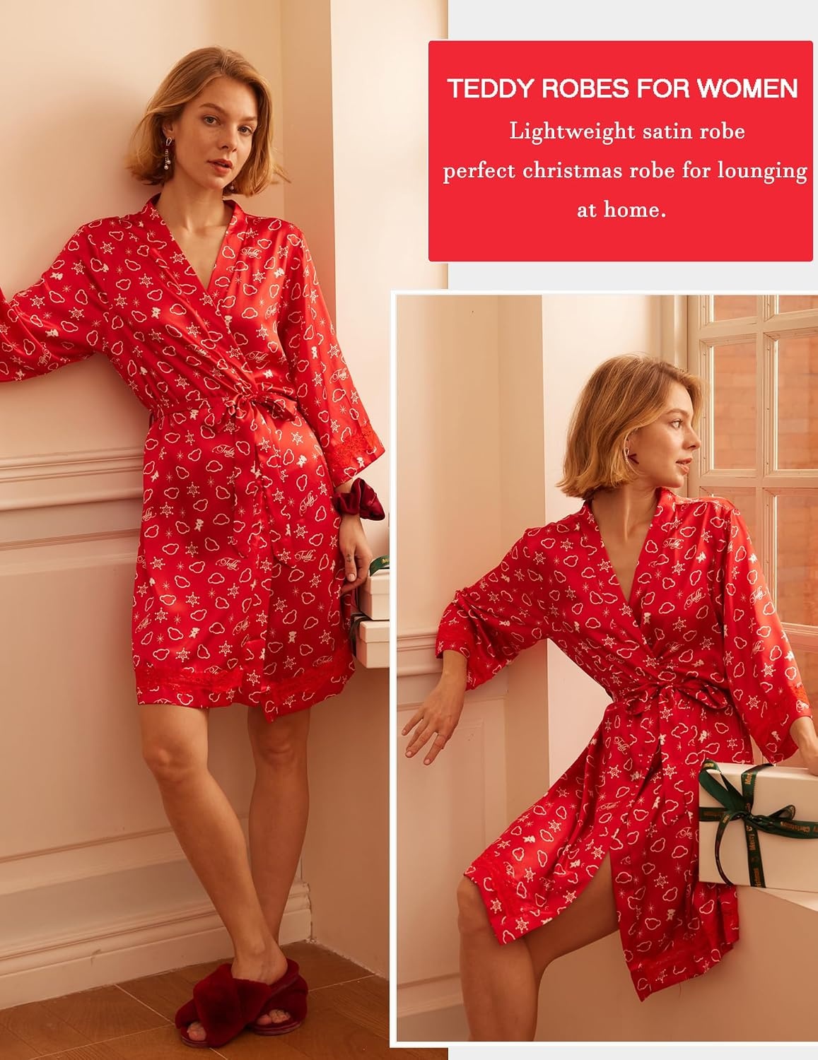 image:imageEkouaer Women Silky Satin Robe Lace Bridesmaid Bathrobes Kimono LoungewearRed Teddy