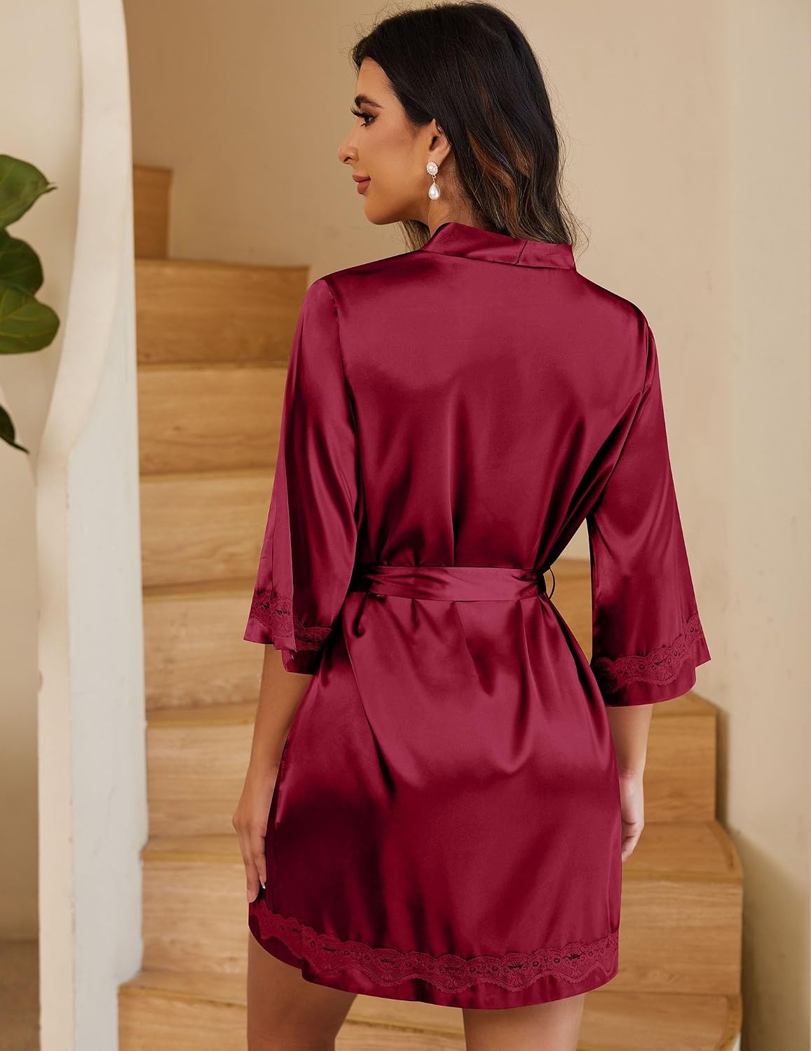 image:imageEkouaer Women Silky Satin Robe Lace Bridesmaid Bathrobes Kimono LoungewearWine Red