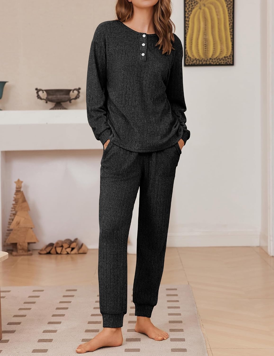image:imageEkouaer Womens Pajamas Set Knit Pjs Long Sleeve Lounge Set Soft LoungewearBlack