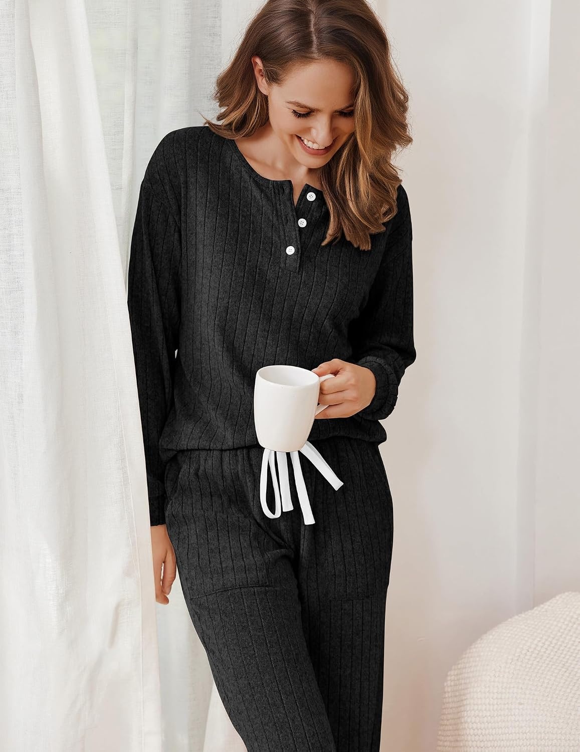 image:imageEkouaer Womens Pajamas Set Knit Pjs Long Sleeve Lounge Set Soft LoungewearBlack