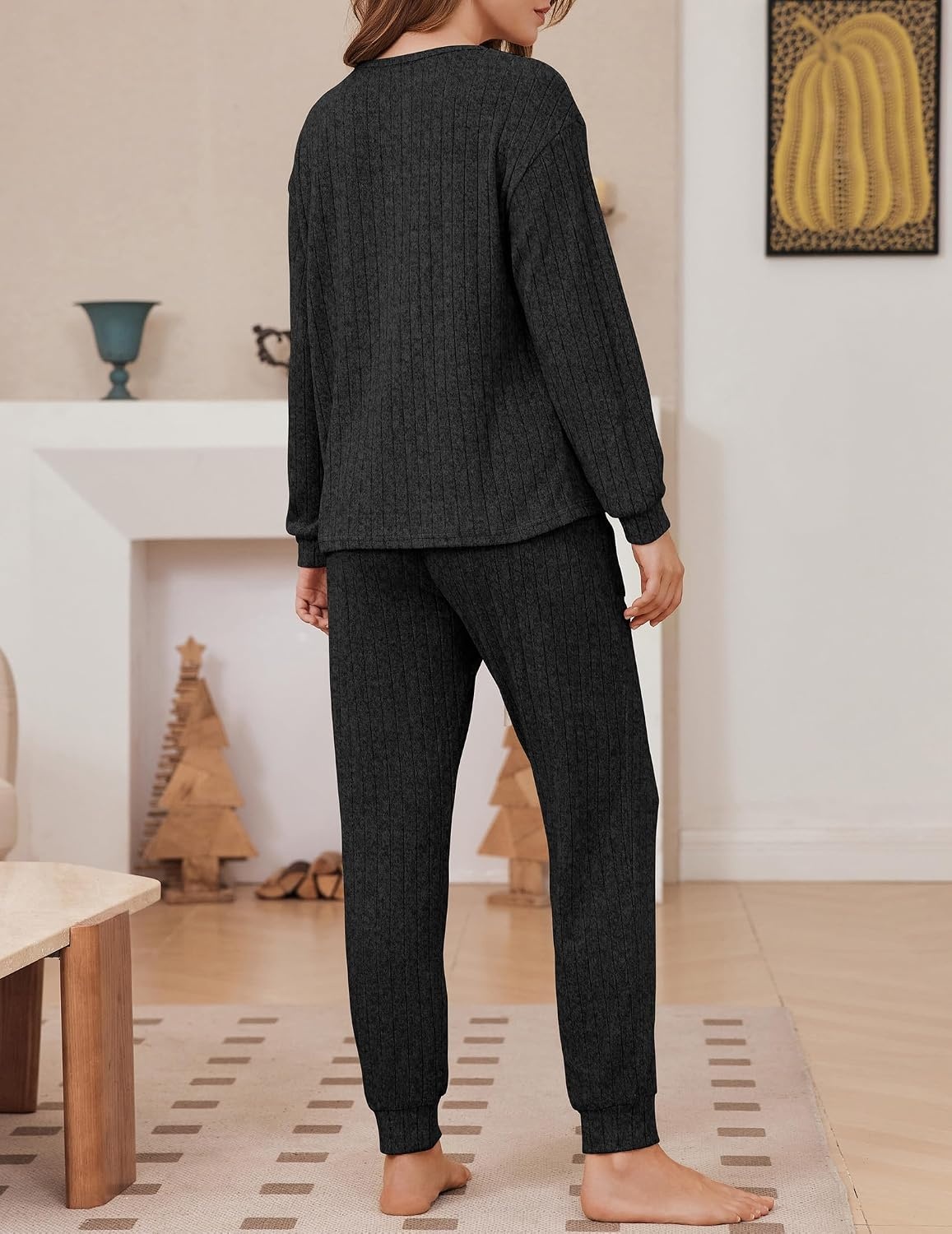 image:imageEkouaer Womens Pajamas Set Knit Pjs Long Sleeve Lounge Set Soft LoungewearBlack