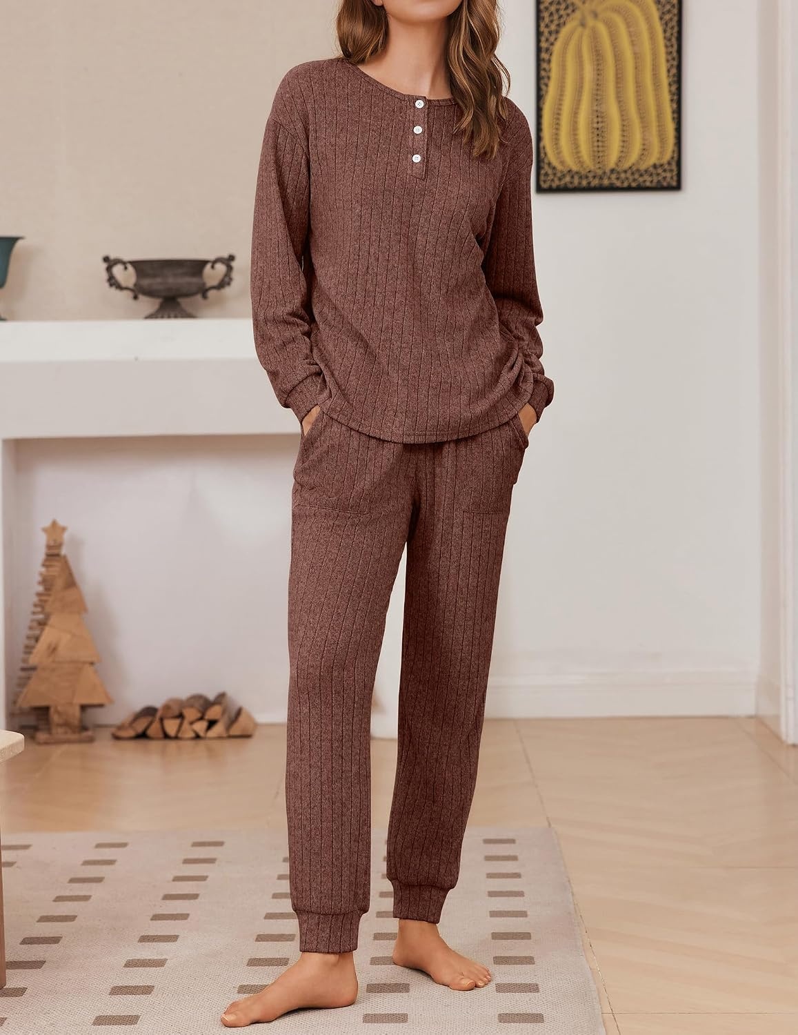 image:imageEkouaer Womens Pajamas Set Knit Pjs Long Sleeve Lounge Set Soft LoungewearBrown