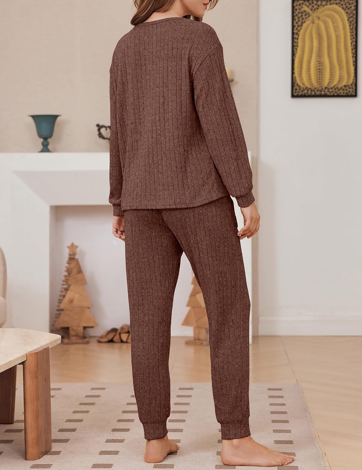 image:imageEkouaer Womens Pajamas Set Knit Pjs Long Sleeve Lounge Set Soft LoungewearBrown