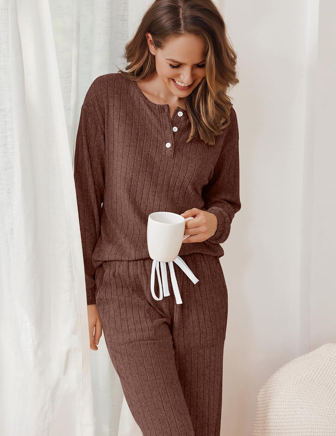 image:imageEkouaer Womens Pajamas Set Knit Pjs Long Sleeve Lounge Set Soft LoungewearBrown