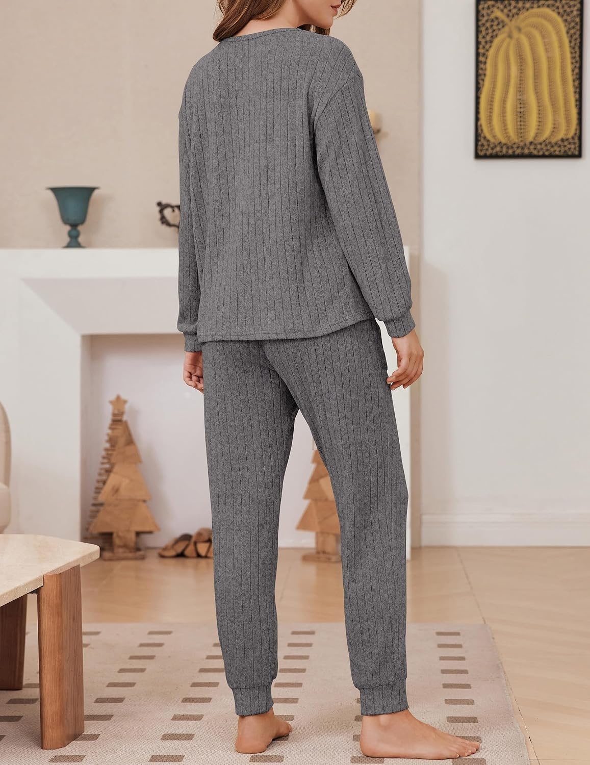 image:imageEkouaer Womens Pajamas Set Knit Pjs Long Sleeve Lounge Set Soft LoungewearDark Grey