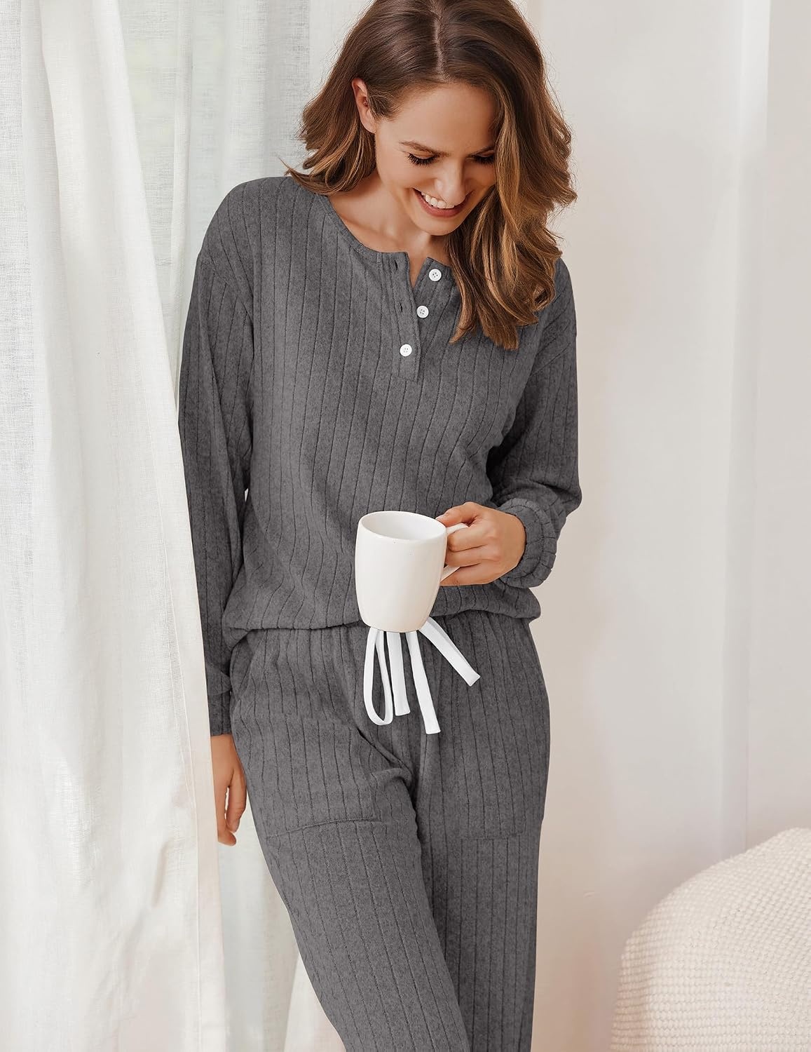 image:imageEkouaer Womens Pajamas Set Knit Pjs Long Sleeve Lounge Set Soft LoungewearDark Grey