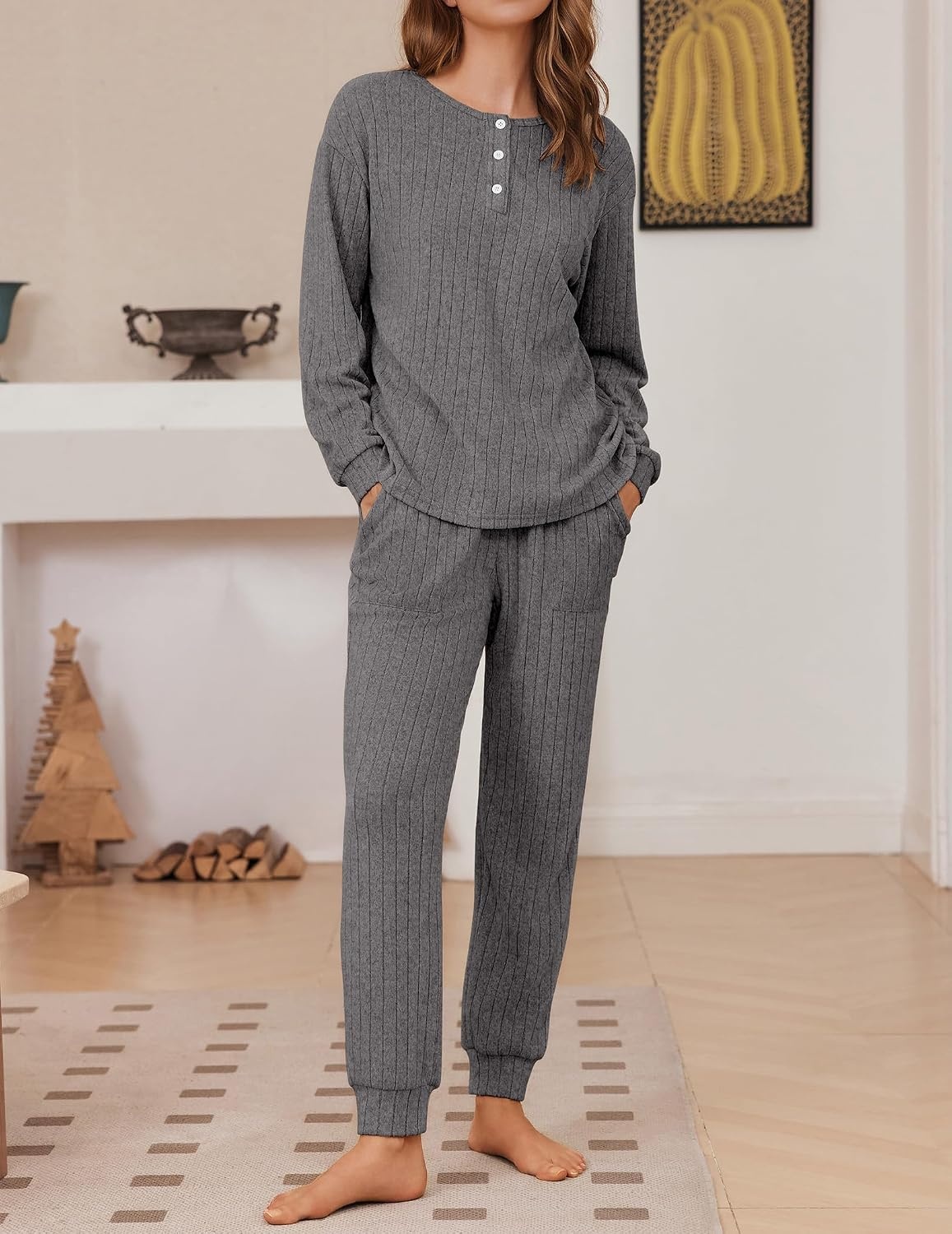 image:imageEkouaer Womens Pajamas Set Knit Pjs Long Sleeve Lounge Set Soft LoungewearDark Grey