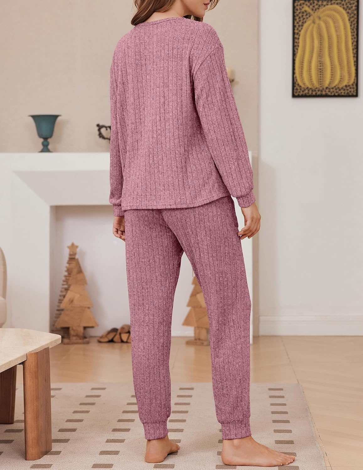 image:imageEkouaer Womens Pajamas Set Knit Pjs Long Sleeve Lounge Set Soft LoungewearGray Red
