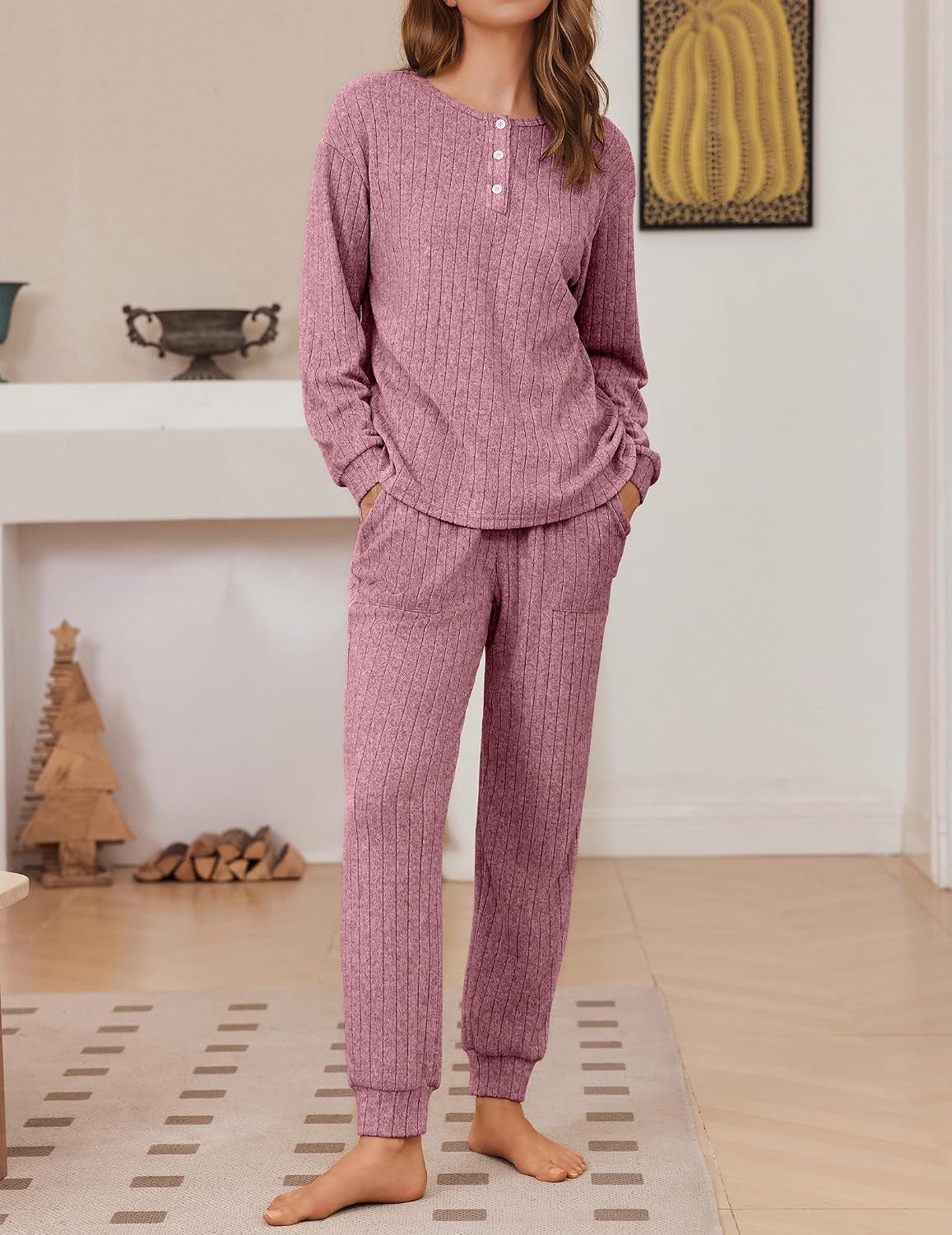 image:imageEkouaer Womens Pajamas Set Knit Pjs Long Sleeve Lounge Set Soft LoungewearGray Red