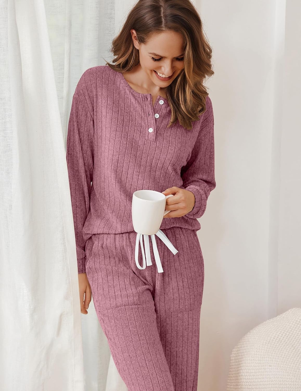 image:imageEkouaer Womens Pajamas Set Knit Pjs Long Sleeve Lounge Set Soft LoungewearGray Red