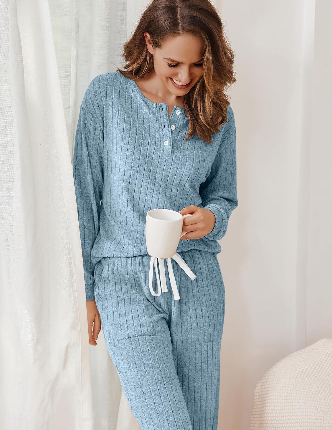image:imageEkouaer Womens Pajamas Set Knit Pjs Long Sleeve Lounge Set Soft LoungewearLight Blue