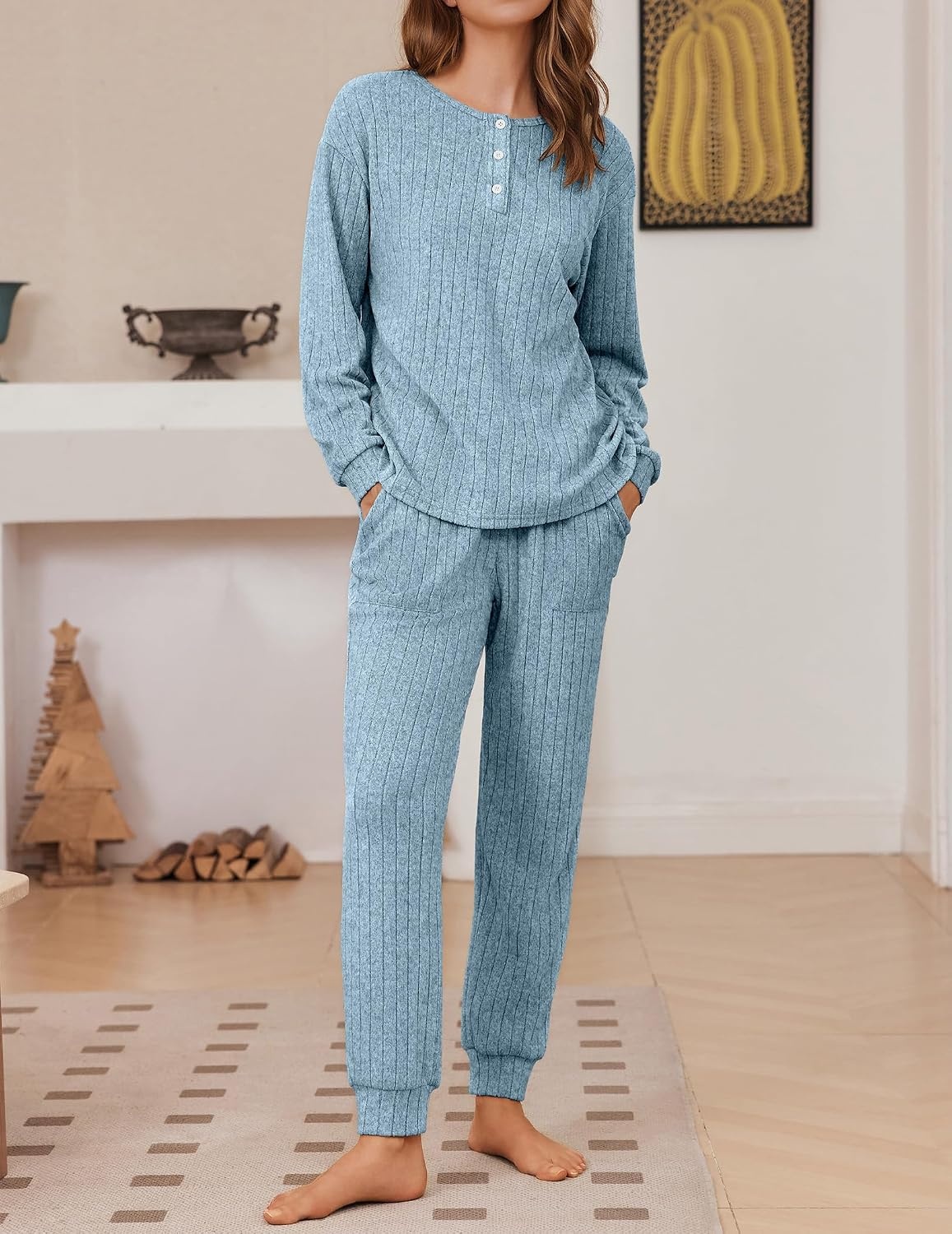 image:imageEkouaer Womens Pajamas Set Knit Pjs Long Sleeve Lounge Set Soft LoungewearLight Blue