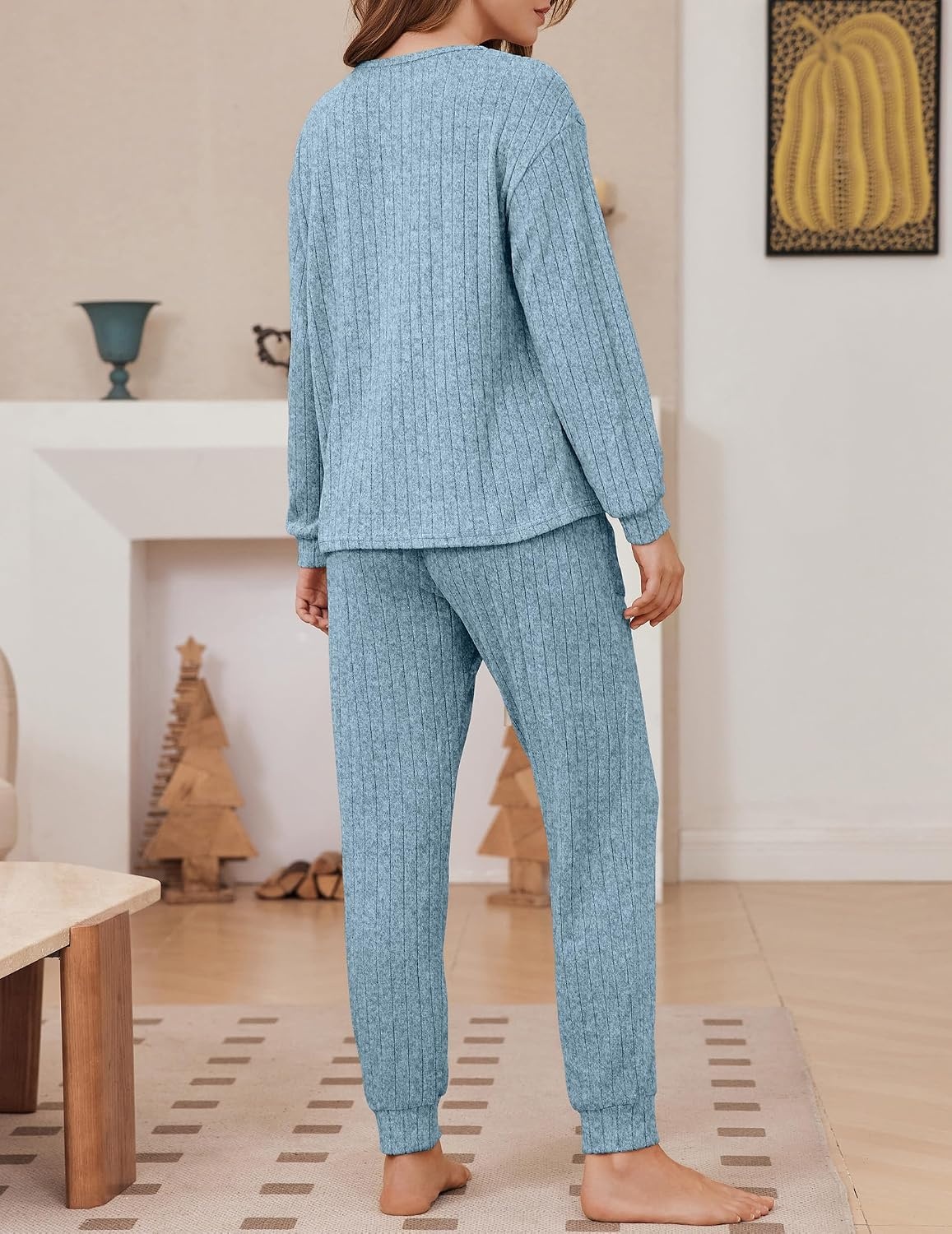 image:imageEkouaer Womens Pajamas Set Knit Pjs Long Sleeve Lounge Set Soft LoungewearLight Blue