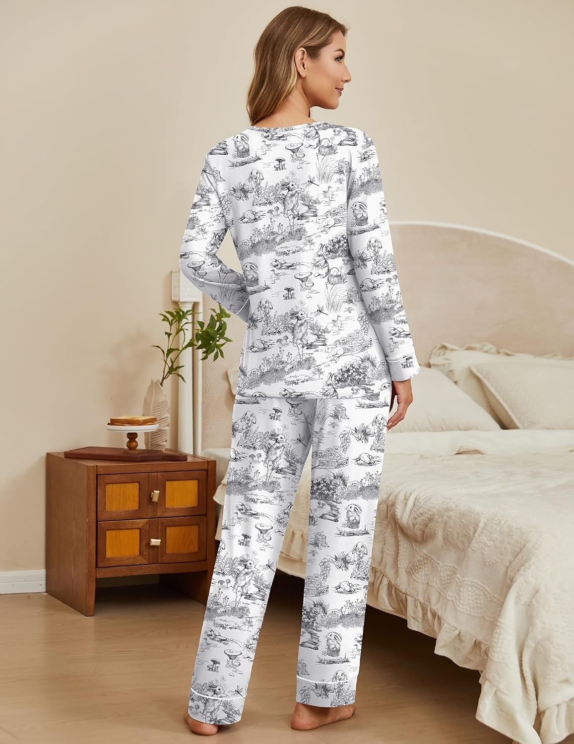 image:imageEkouaer Womens Pajamas Sets 2 Piece PJs Long Sleeve Sleepwear LoungewearBlack Rabbit