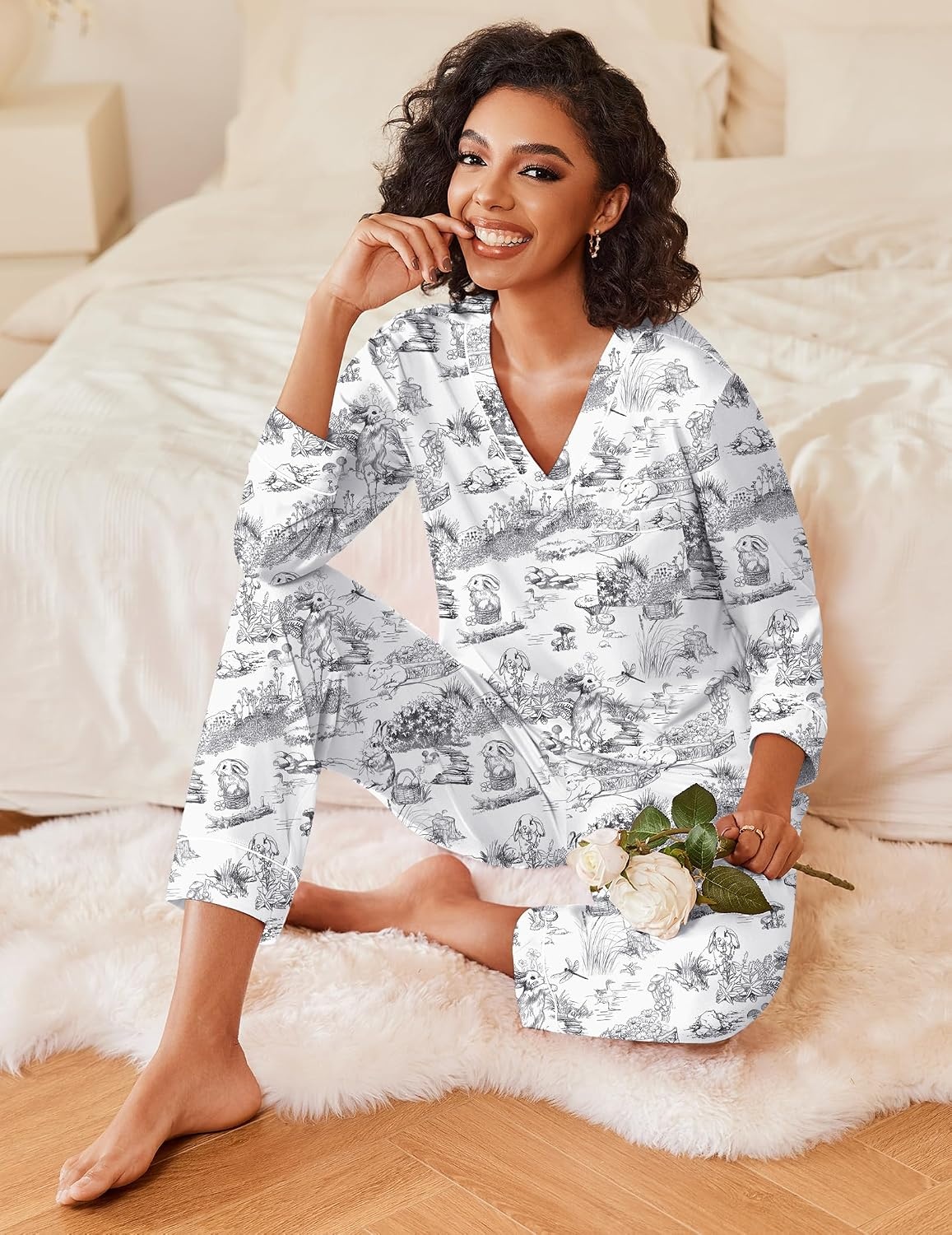 image:imageEkouaer Womens Pajamas Sets 2 Piece PJs Long Sleeve Sleepwear LoungewearBlack Rabbit
