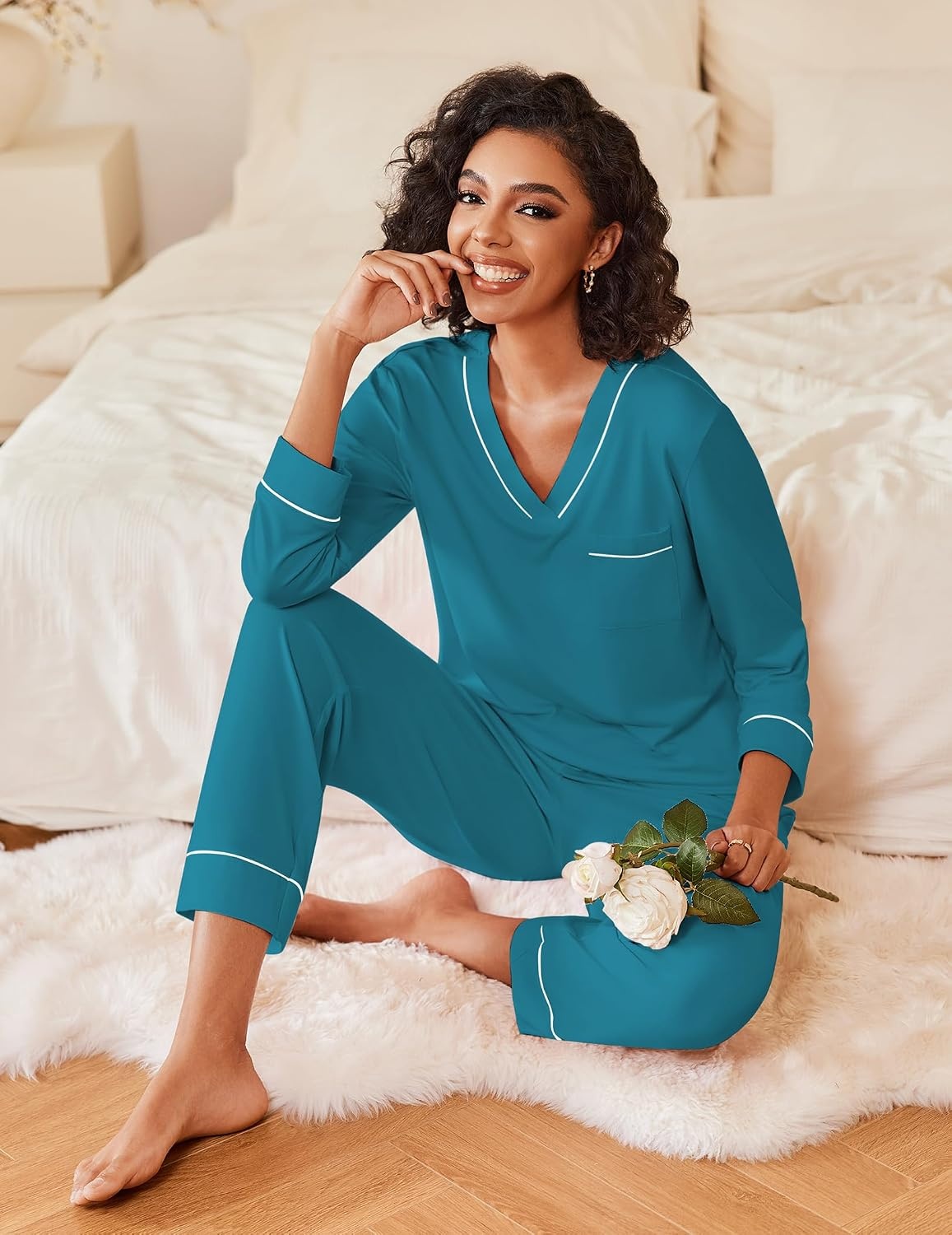 image:imageEkouaer Womens Pajamas Sets 2 Piece PJs Long Sleeve Sleepwear LoungewearBlue Green