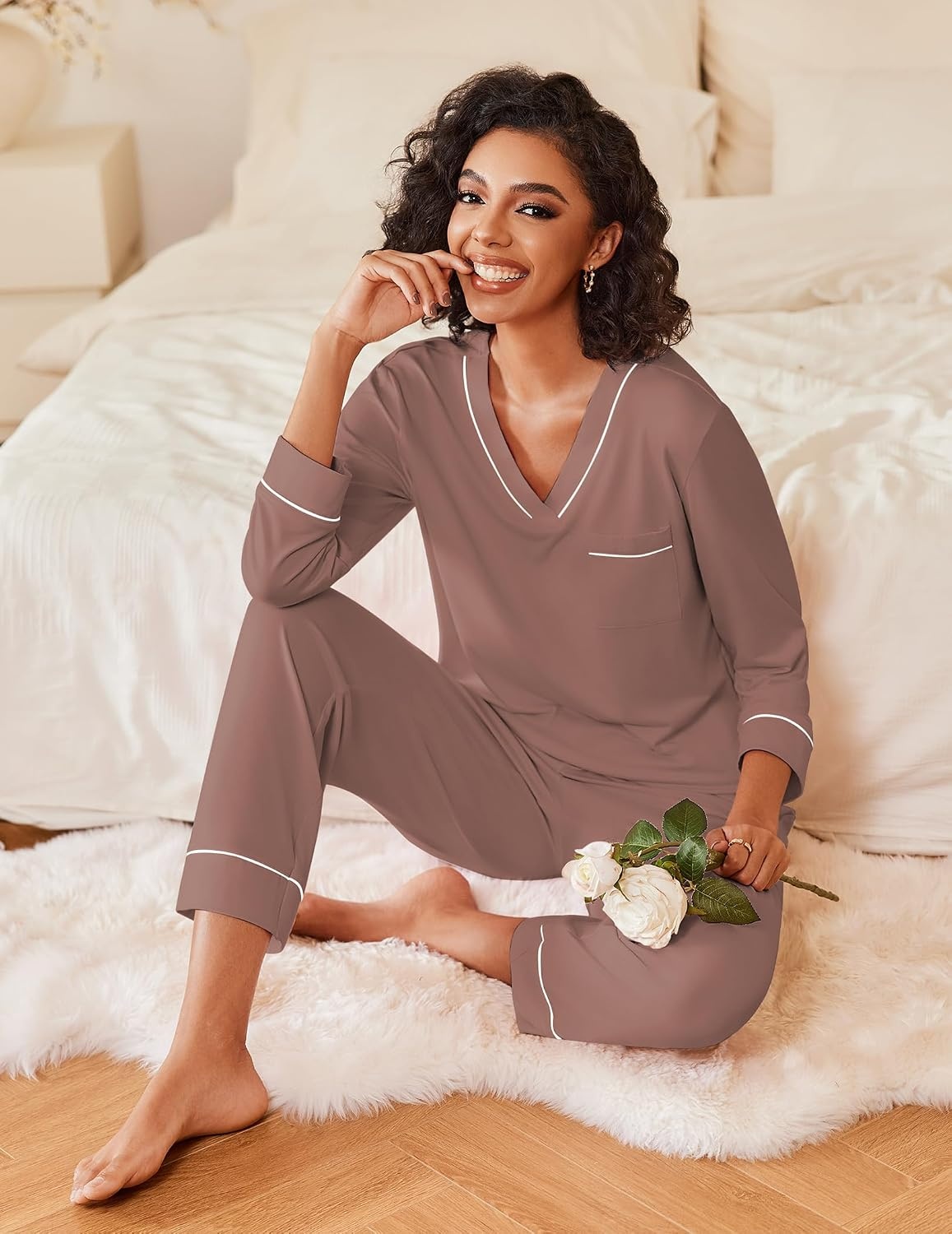 image:imageEkouaer Womens Pajamas Sets 2 Piece PJs Long Sleeve Sleepwear LoungewearBrown