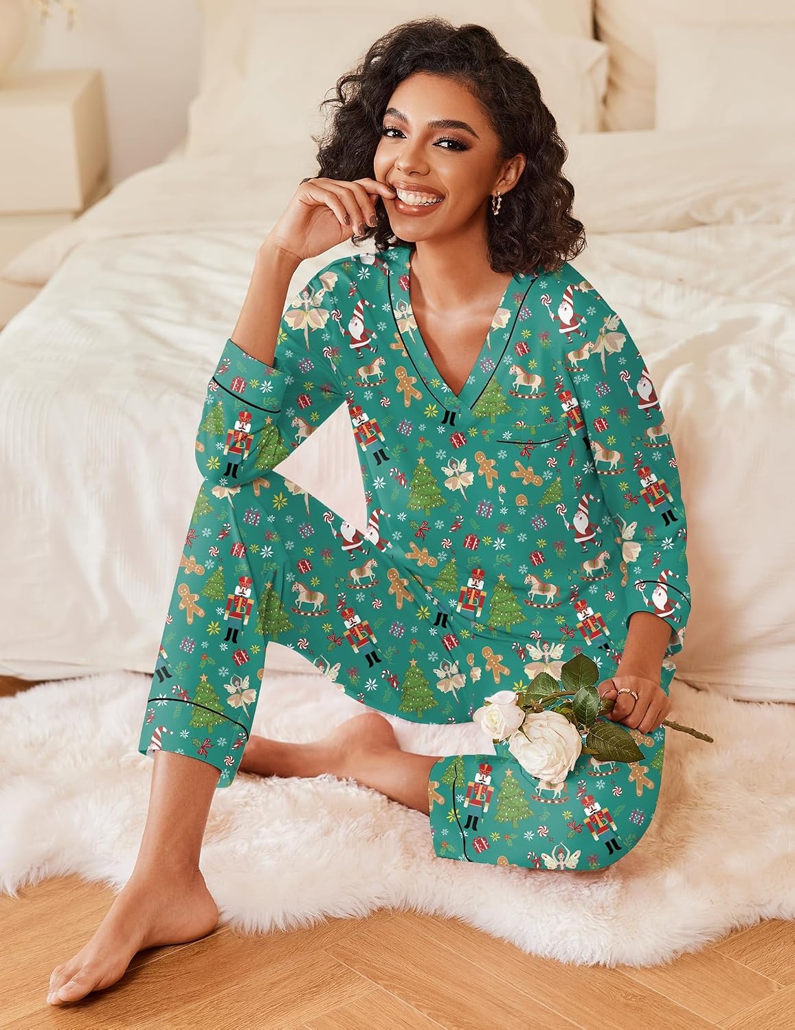 image:imageEkouaer Womens Pajamas Sets 2 Piece PJs Long Sleeve Sleepwear LoungewearChristmas Green Elf