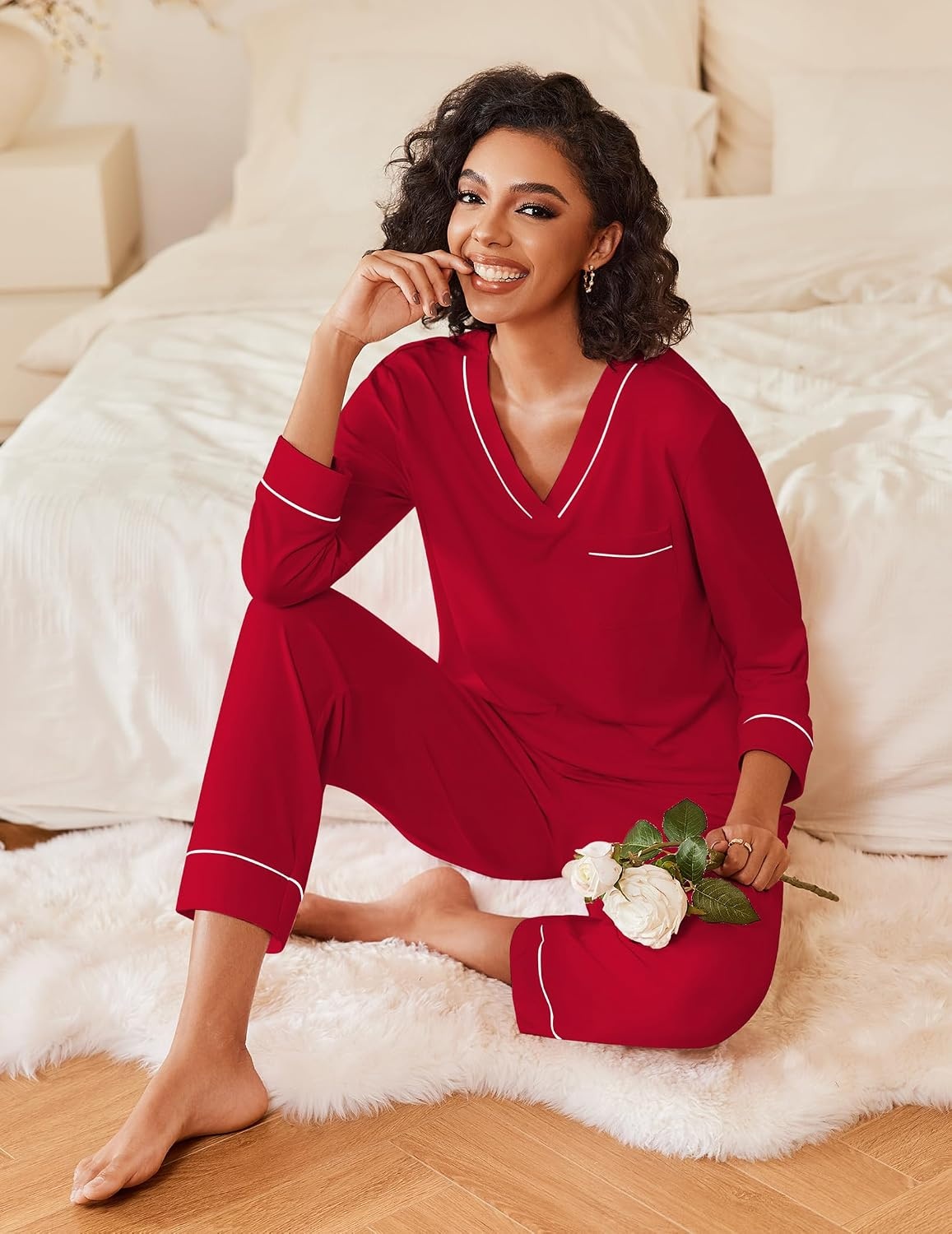 image:imageEkouaer Womens Pajamas Sets 2 Piece PJs Long Sleeve Sleepwear LoungewearDeep Red