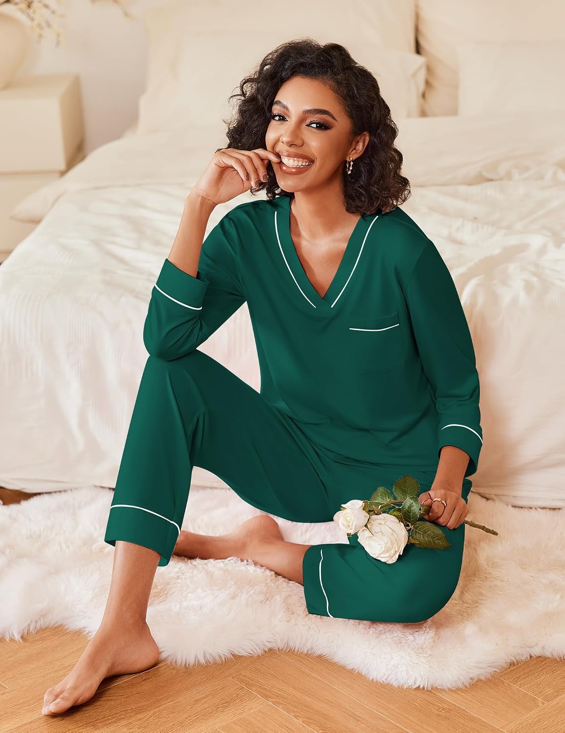 image:imageEkouaer Womens Pajamas Sets 2 Piece PJs Long Sleeve Sleepwear LoungewearLake Green