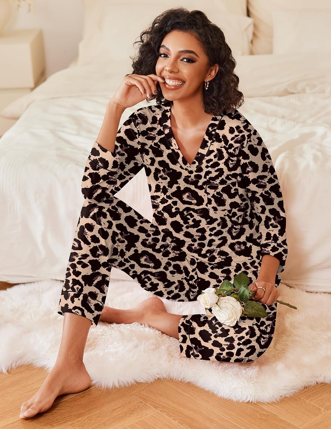 image:imageEkouaer Womens Pajamas Sets 2 Piece PJs Long Sleeve Sleepwear LoungewearLeopard