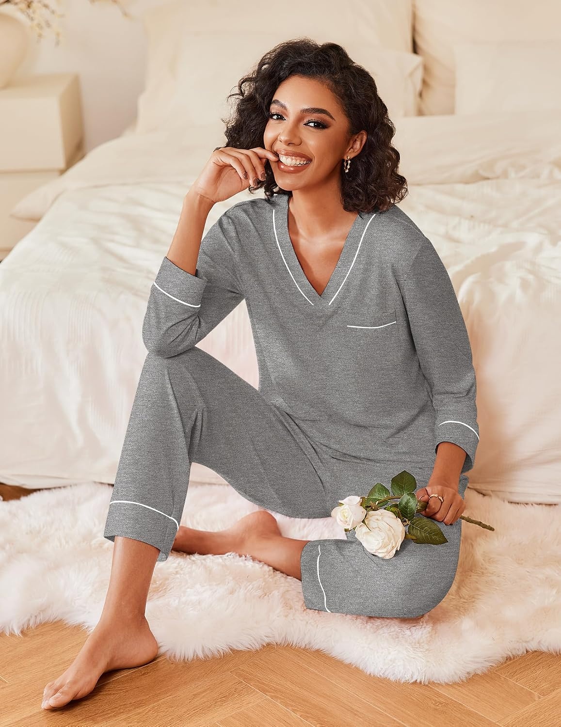image:imageEkouaer Womens Pajamas Sets 2 Piece PJs Long Sleeve Sleepwear LoungewearMedium Grey