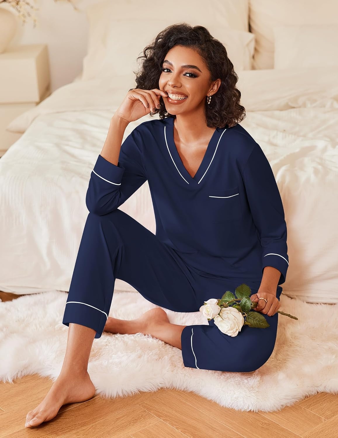 image:imageEkouaer Womens Pajamas Sets 2 Piece PJs Long Sleeve Sleepwear LoungewearNavy Blue