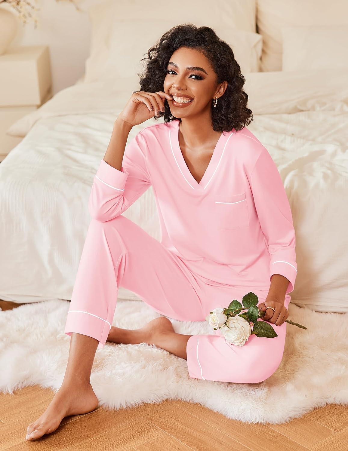 image:imageEkouaer Womens Pajamas Sets 2 Piece PJs Long Sleeve Sleepwear LoungewearPink