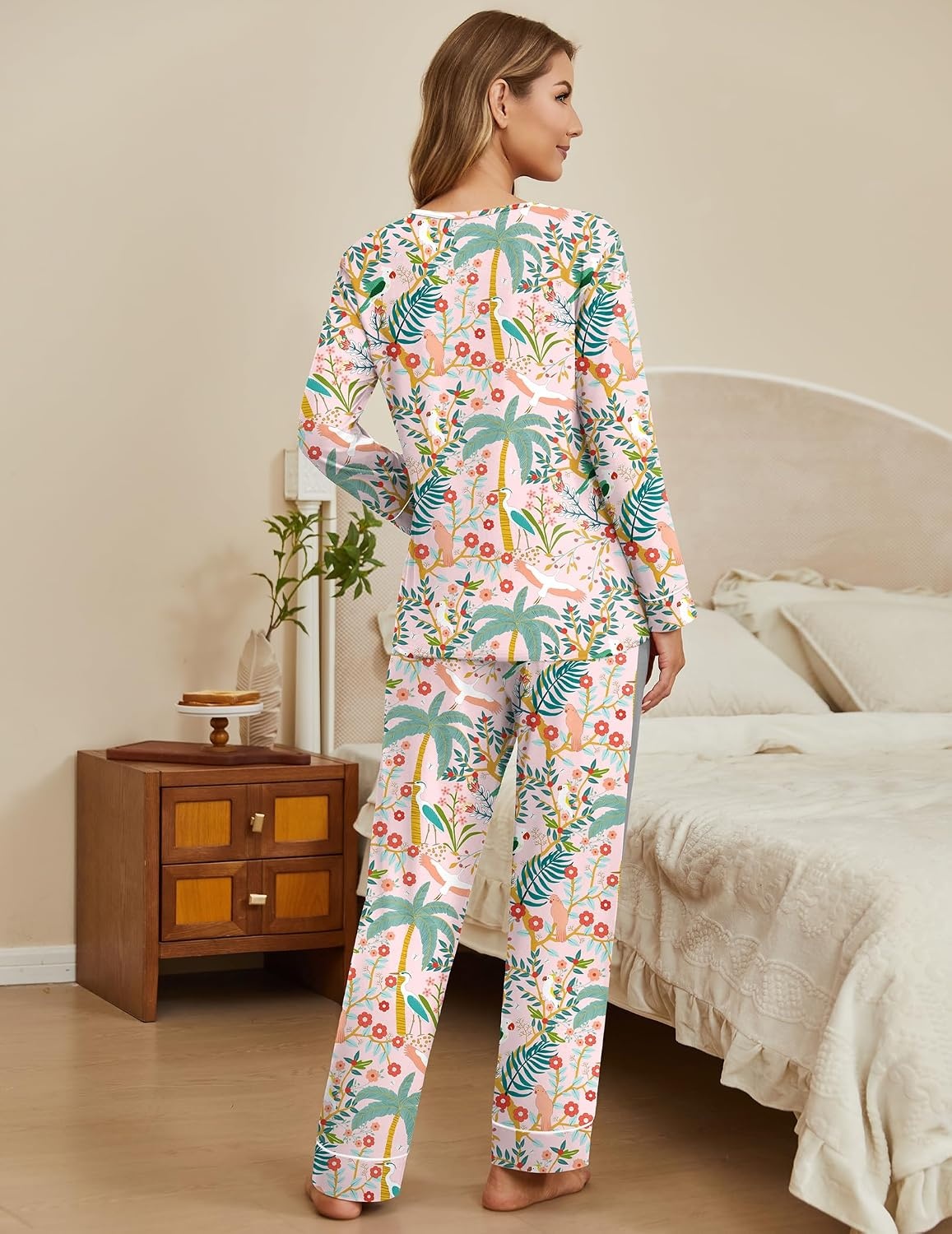 image:imageEkouaer Womens Pajamas Sets 2 Piece PJs Long Sleeve Sleepwear LoungewearPink Forest
