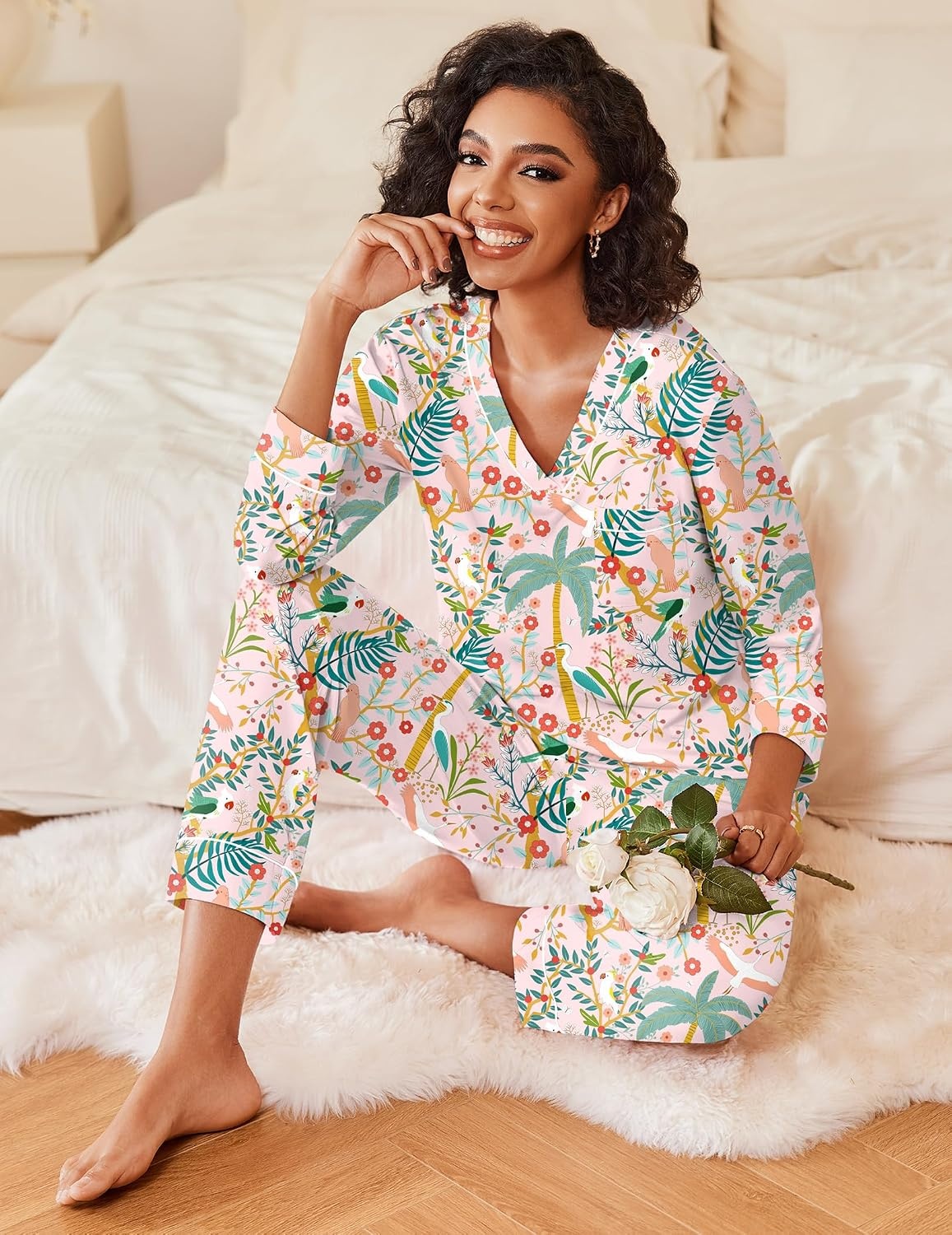 image:imageEkouaer Womens Pajamas Sets 2 Piece PJs Long Sleeve Sleepwear LoungewearPink Forest