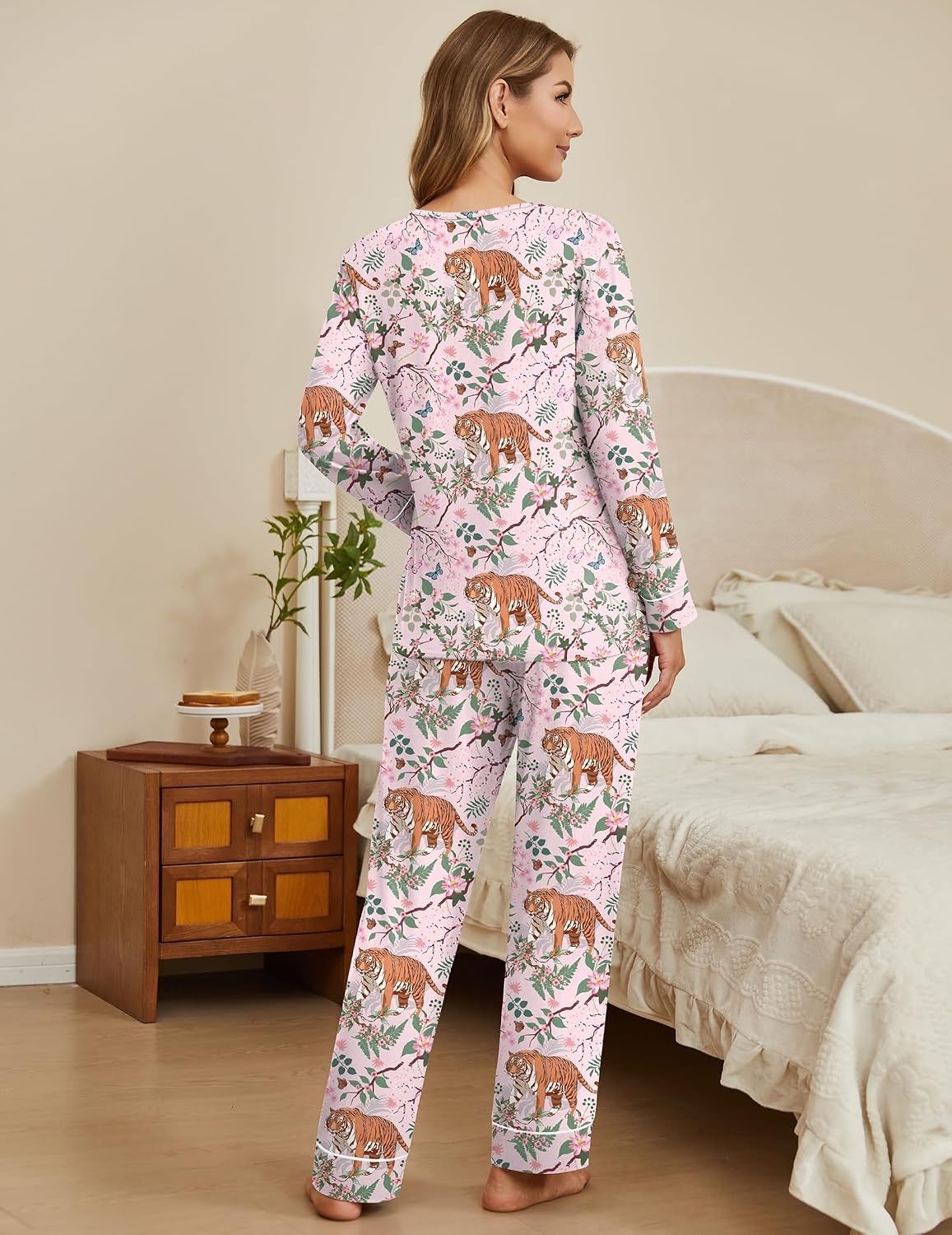 image:imageEkouaer Womens Pajamas Sets 2 Piece PJs Long Sleeve Sleepwear LoungewearPink Tiger