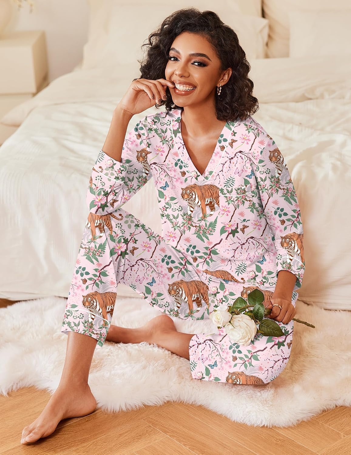 image:imageEkouaer Womens Pajamas Sets 2 Piece PJs Long Sleeve Sleepwear LoungewearPink Tiger