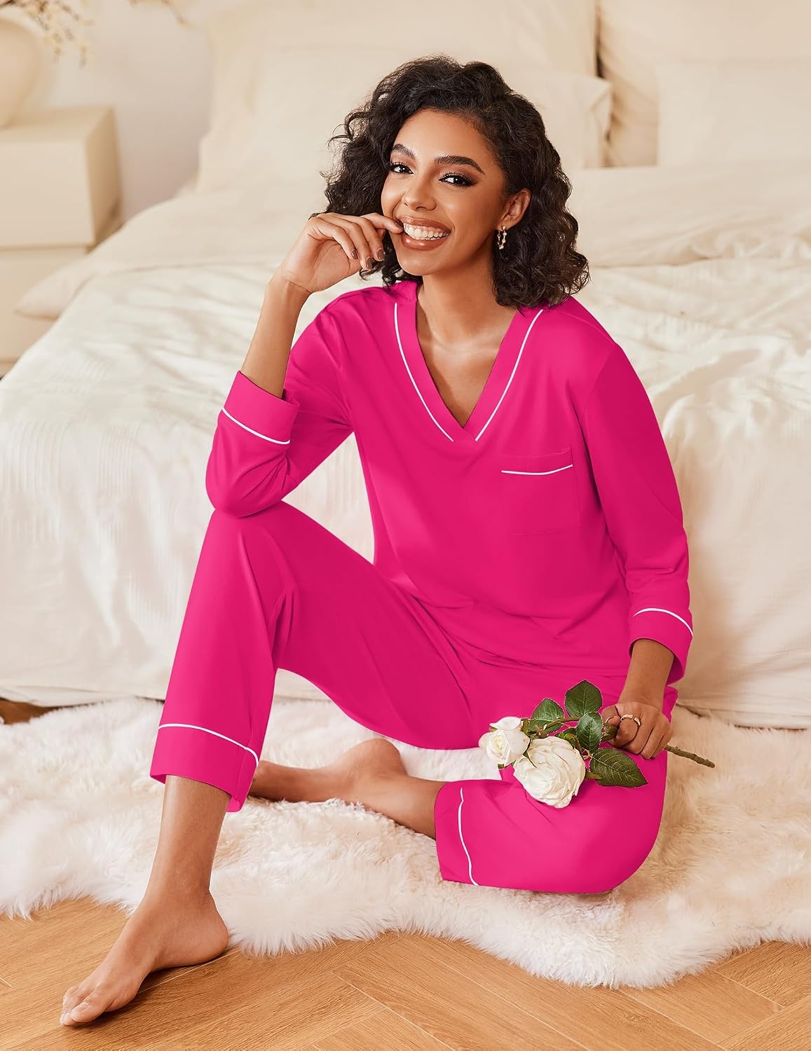 image:imageEkouaer Womens Pajamas Sets 2 Piece PJs Long Sleeve Sleepwear LoungewearRose Red