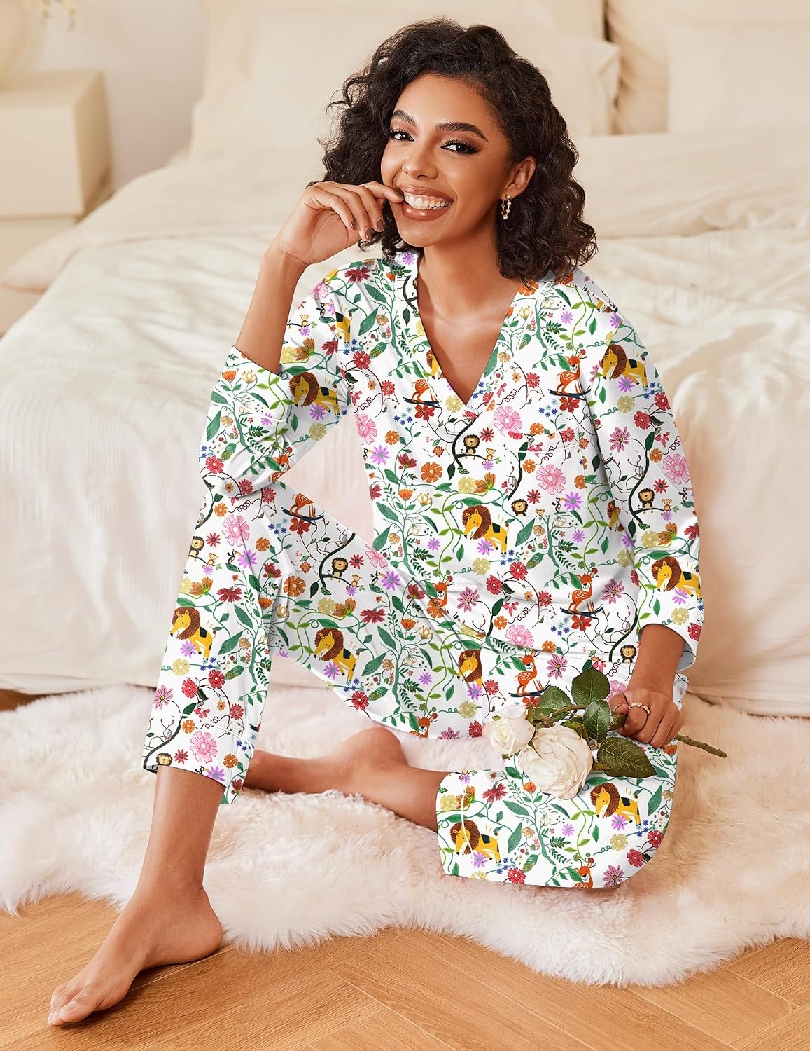 image:imageEkouaer Womens Pajamas Sets 2 Piece PJs Long Sleeve Sleepwear LoungewearWhite Animals